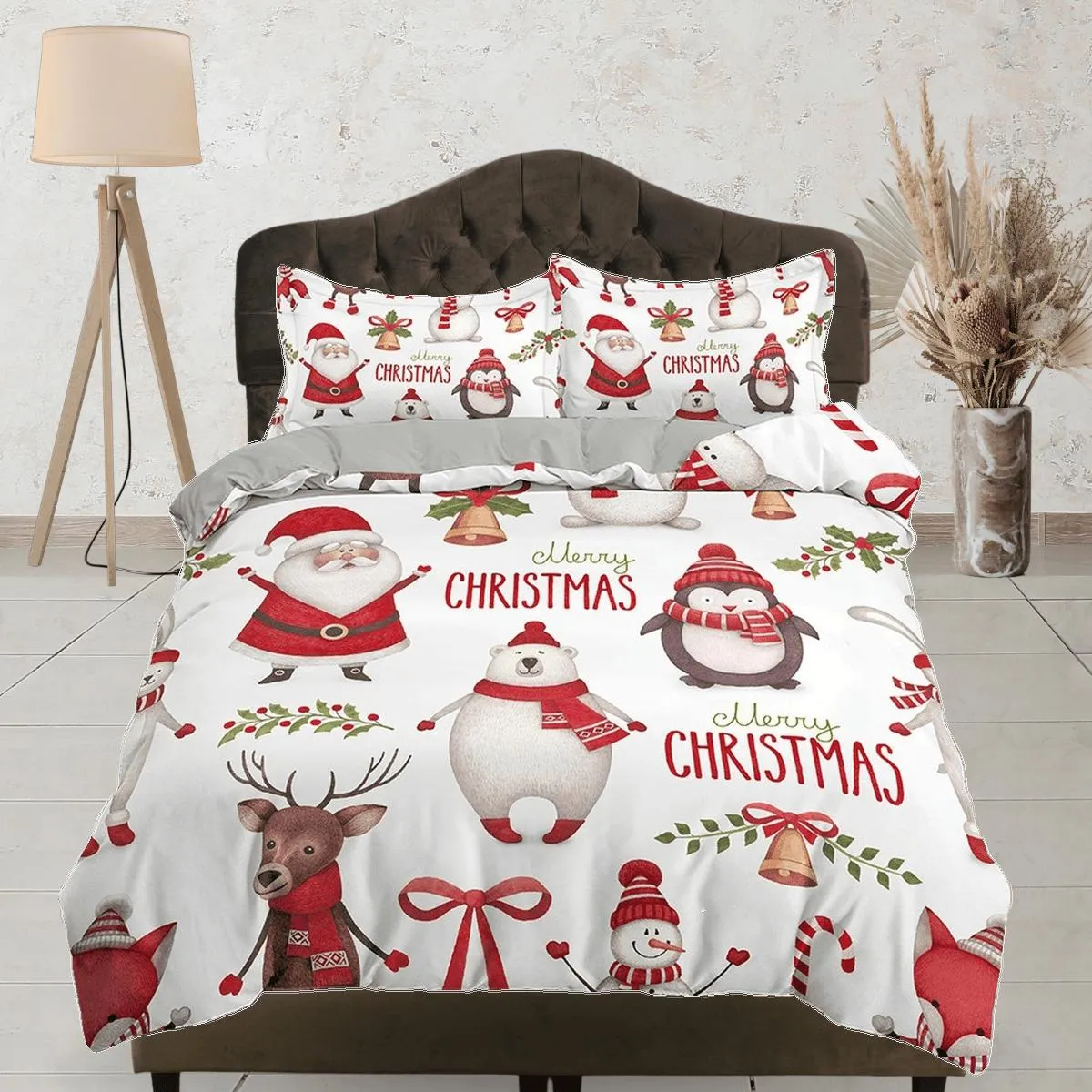 Santa claus, polar bear and penguin duvet cover, christmas full size bedding & pillowcase, college bedding, toddler bedding, holiday gift