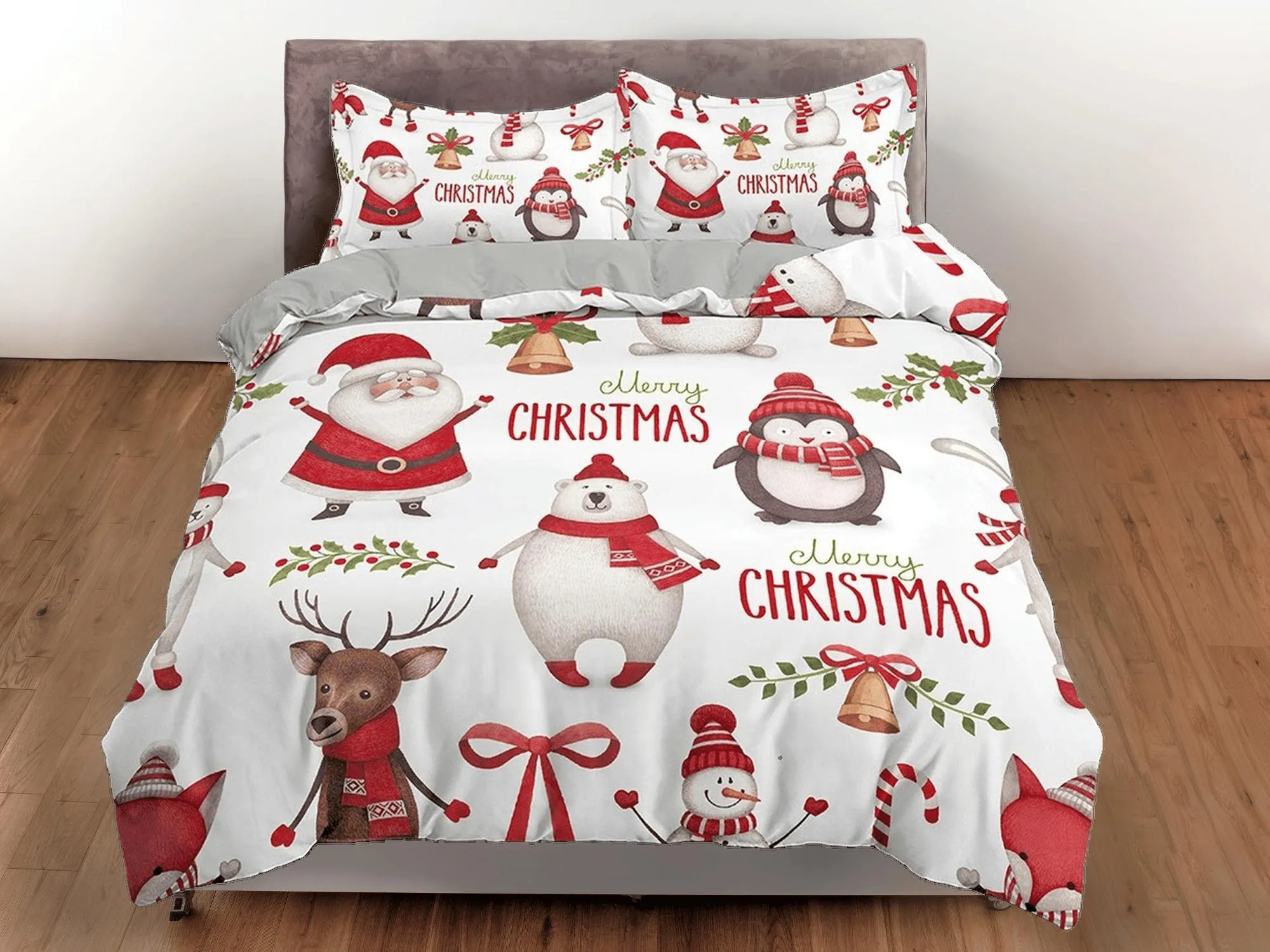 Santa claus, polar bear and penguin duvet cover, christmas full size bedding & pillowcase, college bedding, toddler bedding, holiday gift