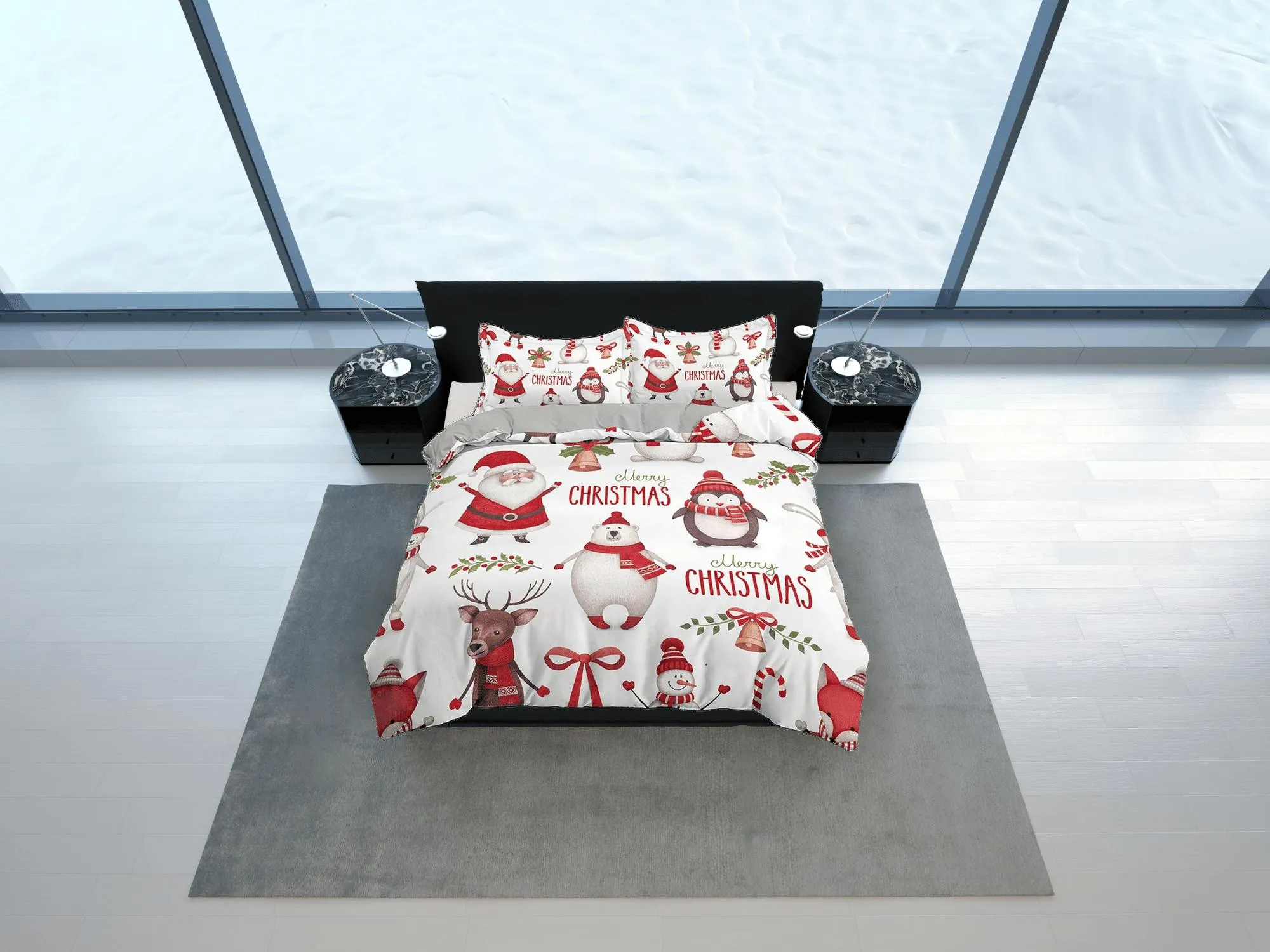 Santa claus, polar bear and penguin duvet cover, christmas full size bedding & pillowcase, college bedding, toddler bedding, holiday gift