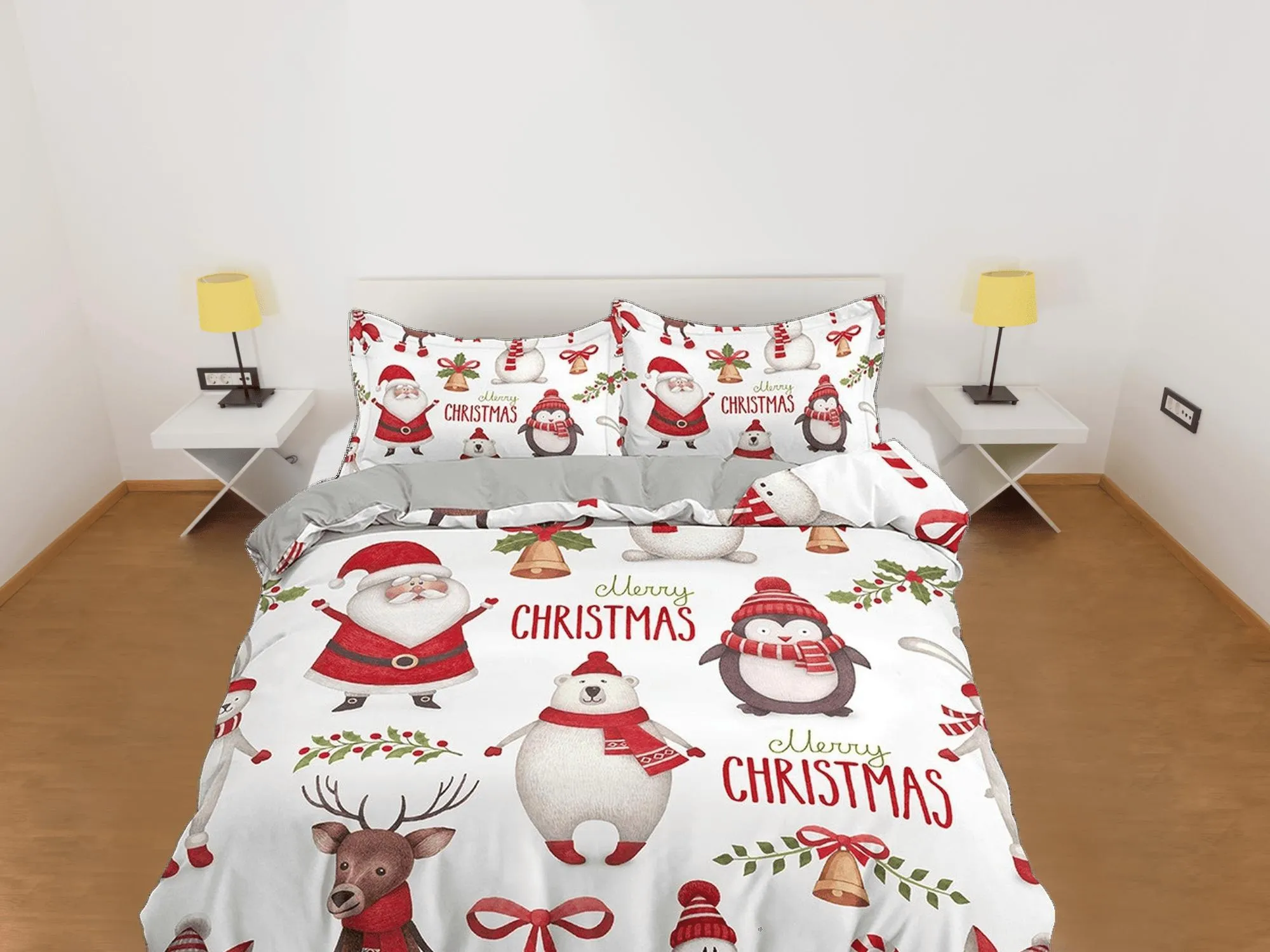 Santa claus, polar bear and penguin duvet cover, christmas full size bedding & pillowcase, college bedding, toddler bedding, holiday gift