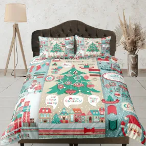 Scandinavian christmas city duvet cover set, christmas full size bedding & pillowcase, college bedding, crib toddler bedding, holiday gift