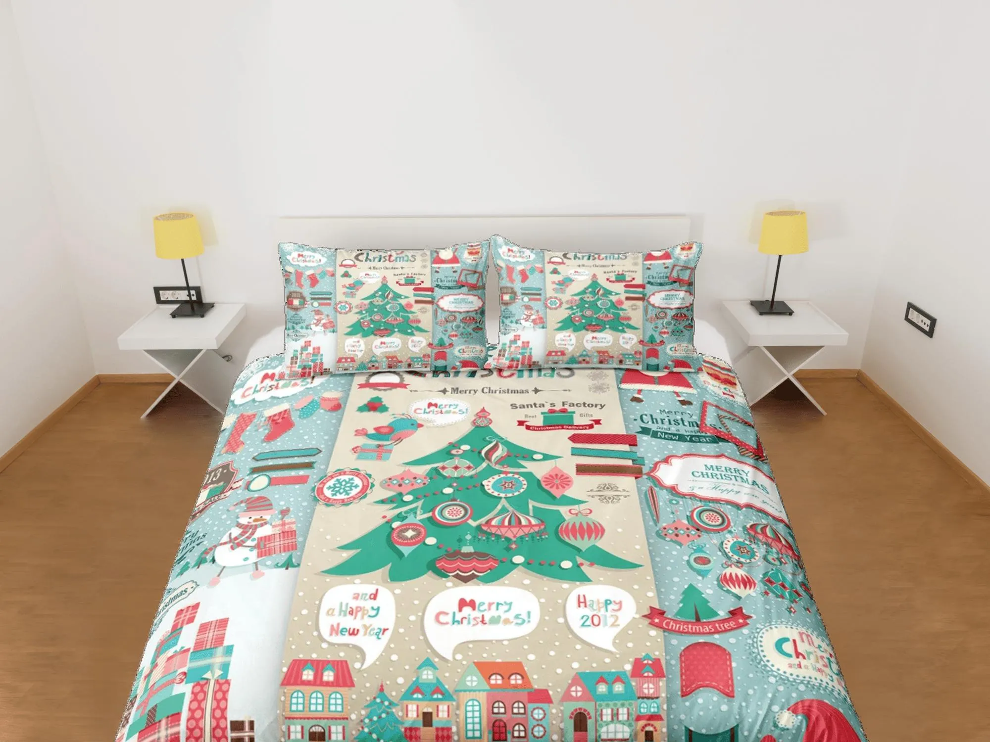 Scandinavian christmas city duvet cover set, christmas full size bedding & pillowcase, college bedding, crib toddler bedding, holiday gift