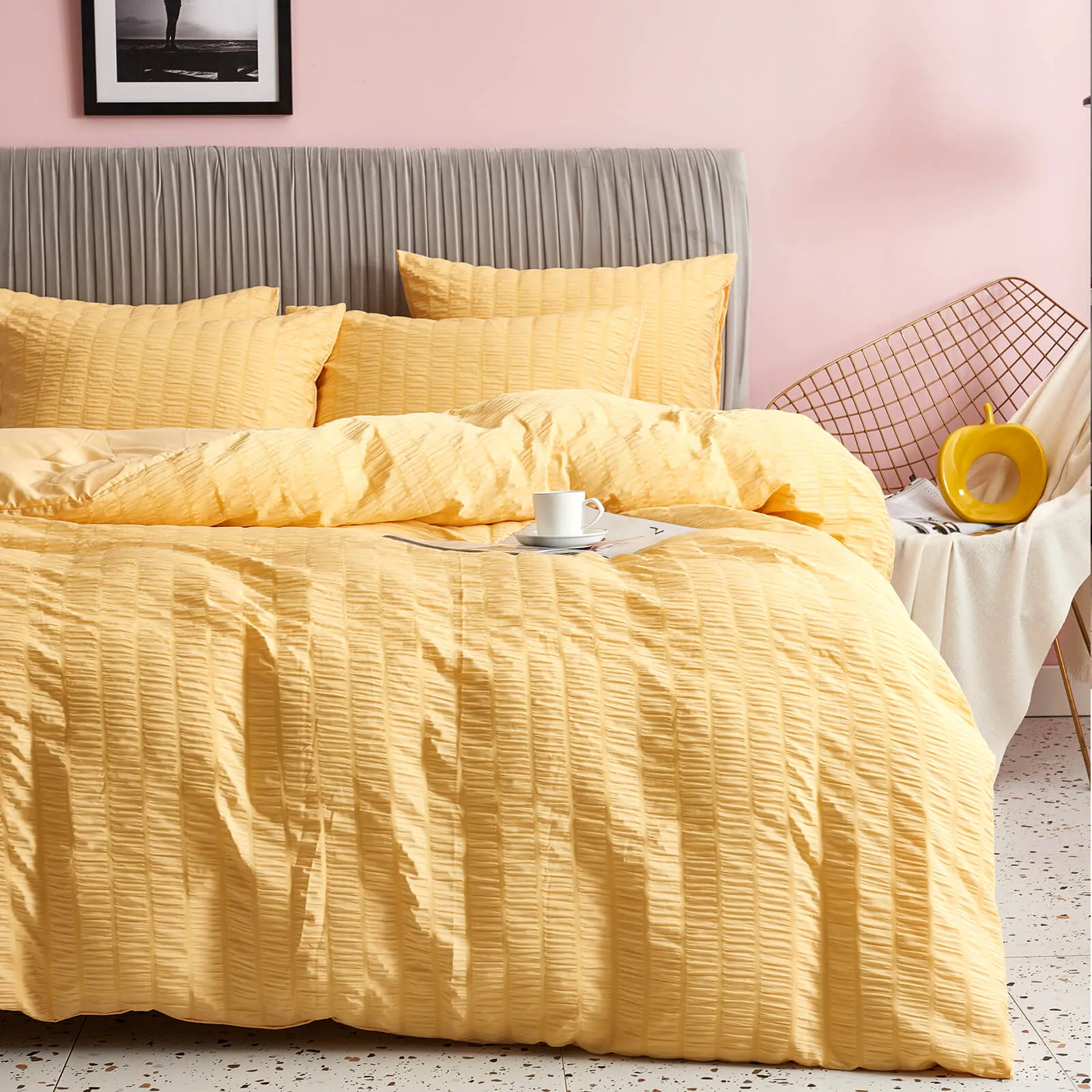 Seersucker Stripe Duvet Cover Set (Yellow)