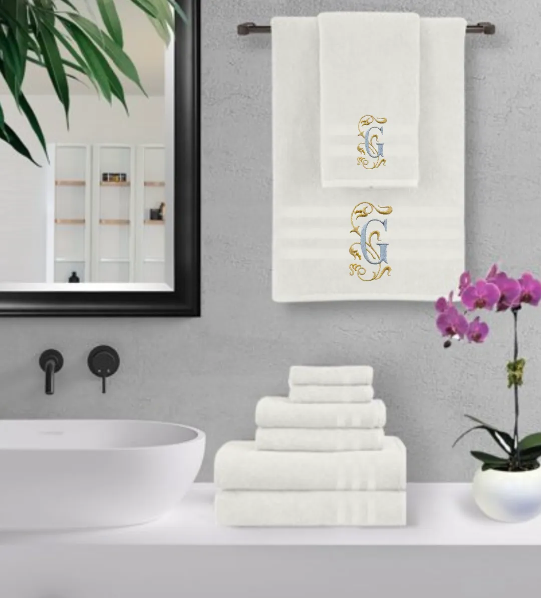 Set of Monogrammed Guest Bath Hand and Bath Towel Set Beautiful Monogram Letter With Scrolling