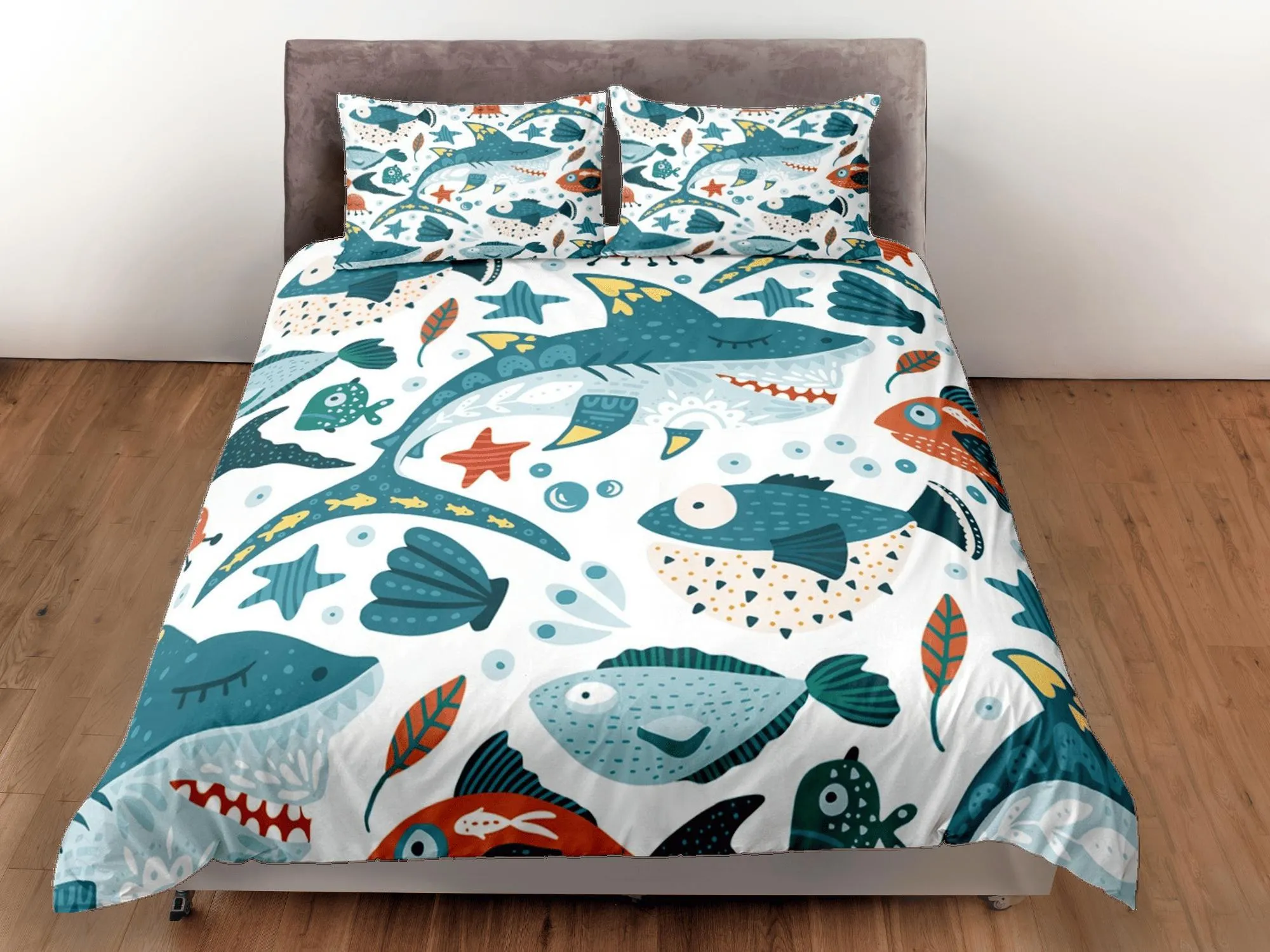 Sharks & Fishes Cute Duvet Cover Set Colorful Bedspread, Kids Full Bedding Set with Pillowcase, Comforter Cover Twin