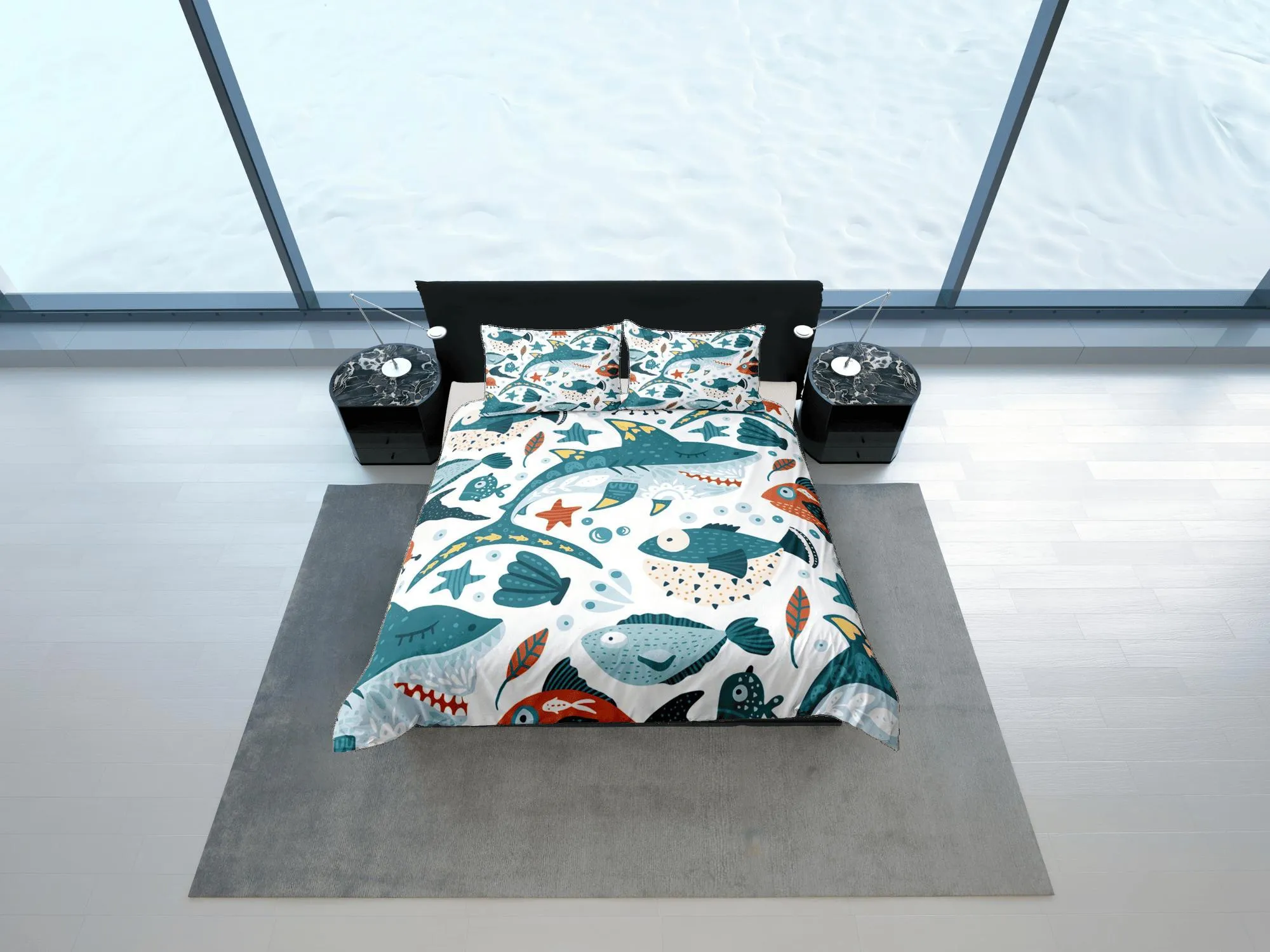 Sharks & Fishes Cute Duvet Cover Set Colorful Bedspread, Kids Full Bedding Set with Pillowcase, Comforter Cover Twin