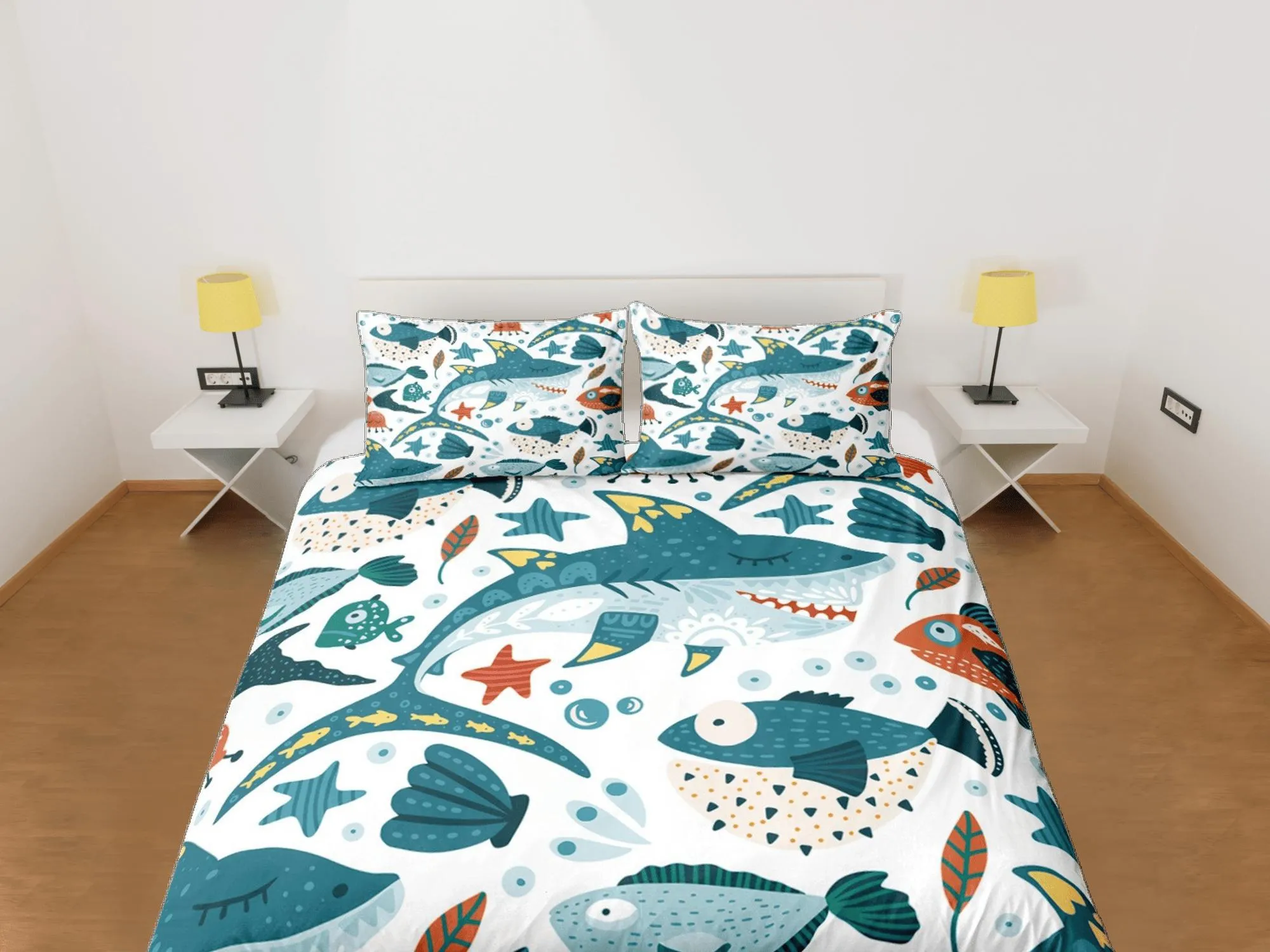 Sharks & Fishes Cute Duvet Cover Set Colorful Bedspread, Kids Full Bedding Set with Pillowcase, Comforter Cover Twin