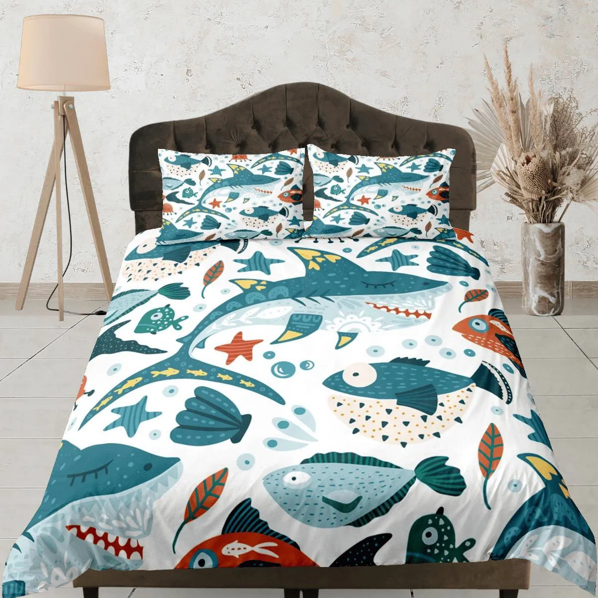 Sharks & Fishes Cute Duvet Cover Set Colorful Bedspread, Kids Full Bedding Set with Pillowcase, Comforter Cover Twin