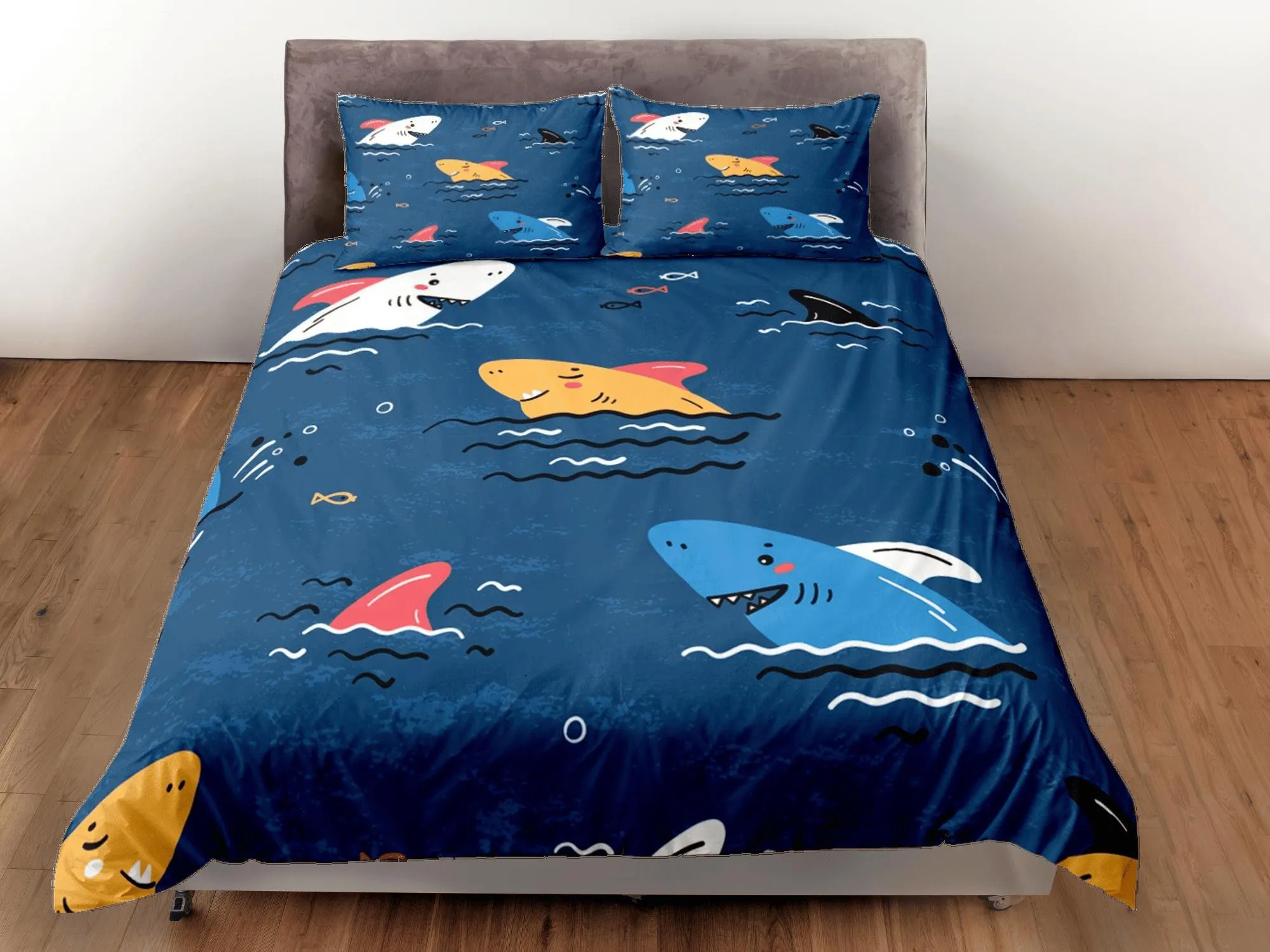 Sharks Blue Duvet Cover Set Colorful Bedspread, Kids Full Bedding Set with Pillowcase, Comforter Cover Twin