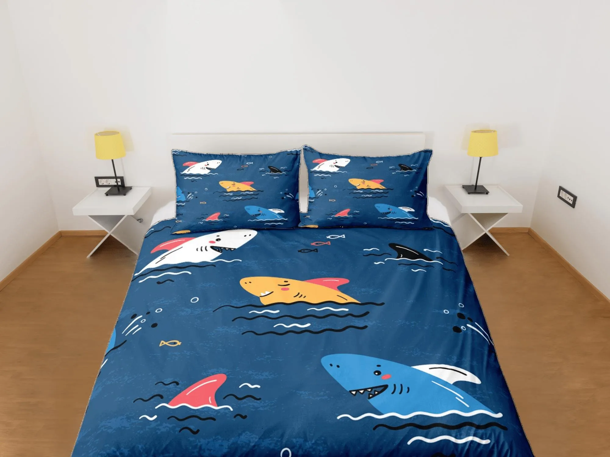 Sharks Blue Duvet Cover Set Colorful Bedspread, Kids Full Bedding Set with Pillowcase, Comforter Cover Twin