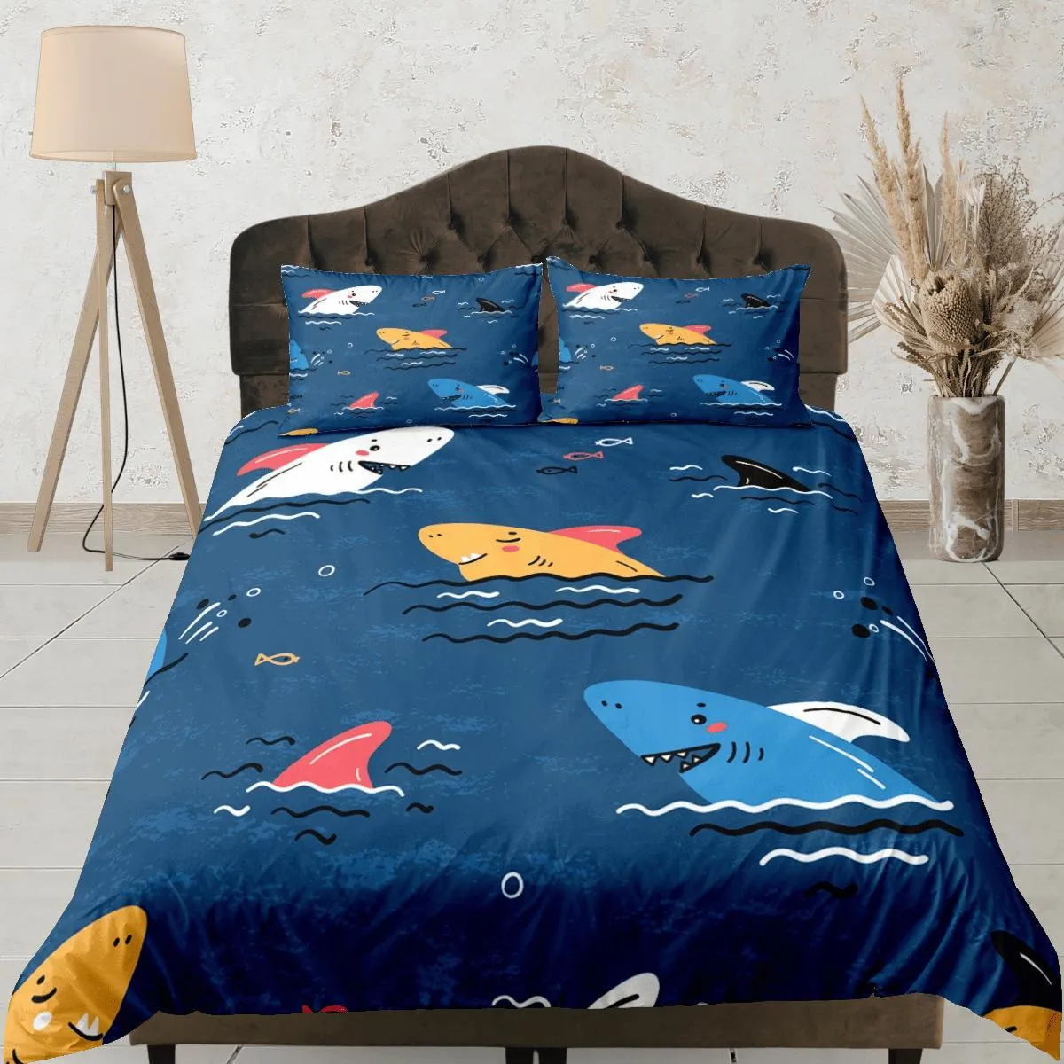 Sharks Blue Duvet Cover Set Colorful Bedspread, Kids Full Bedding Set with Pillowcase, Comforter Cover Twin