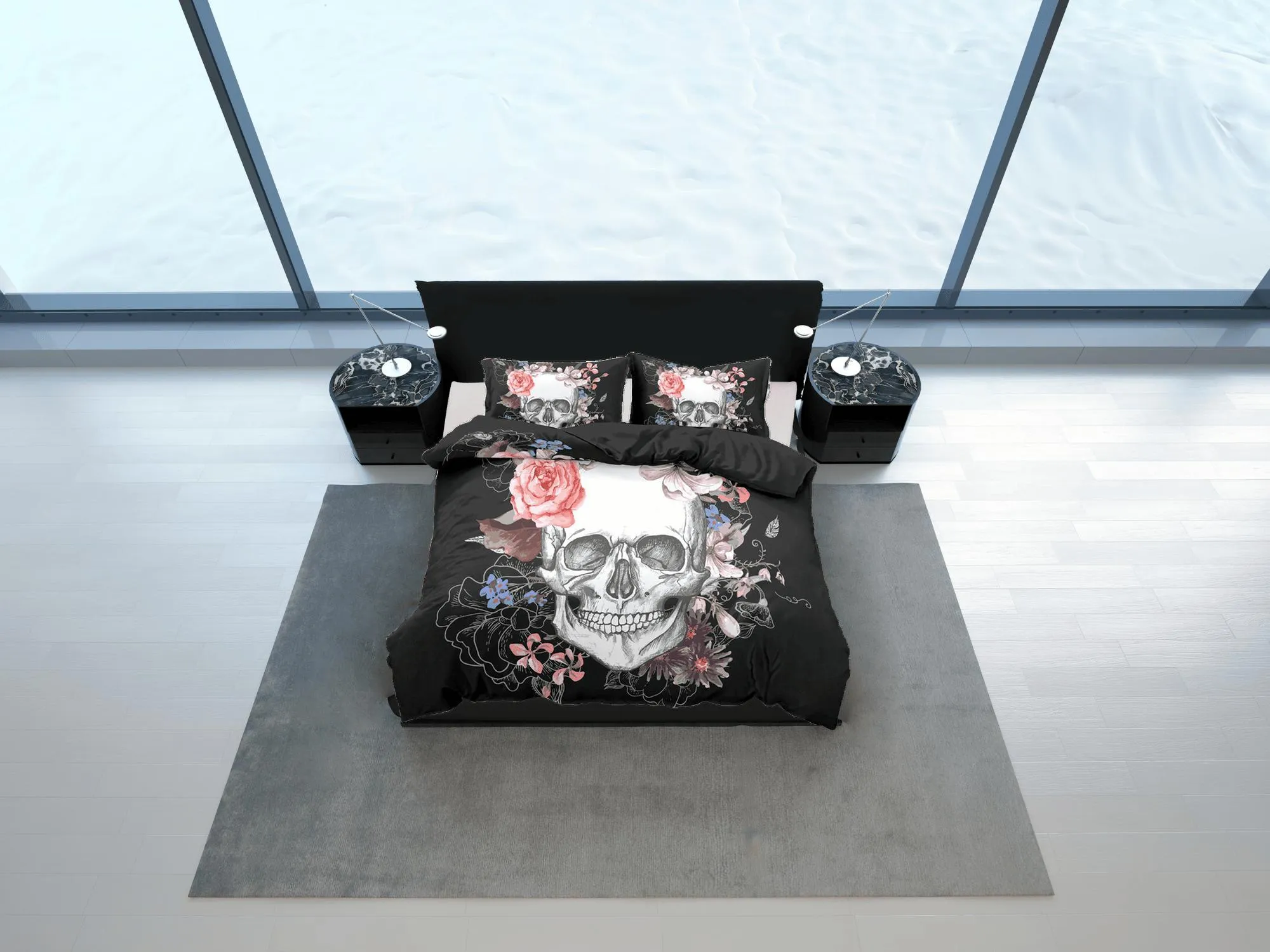 Skull and Roses Black Duvet Cover Set Floral Gothic Bedspread Dorm Bedding Pillowcase Comforter Cover