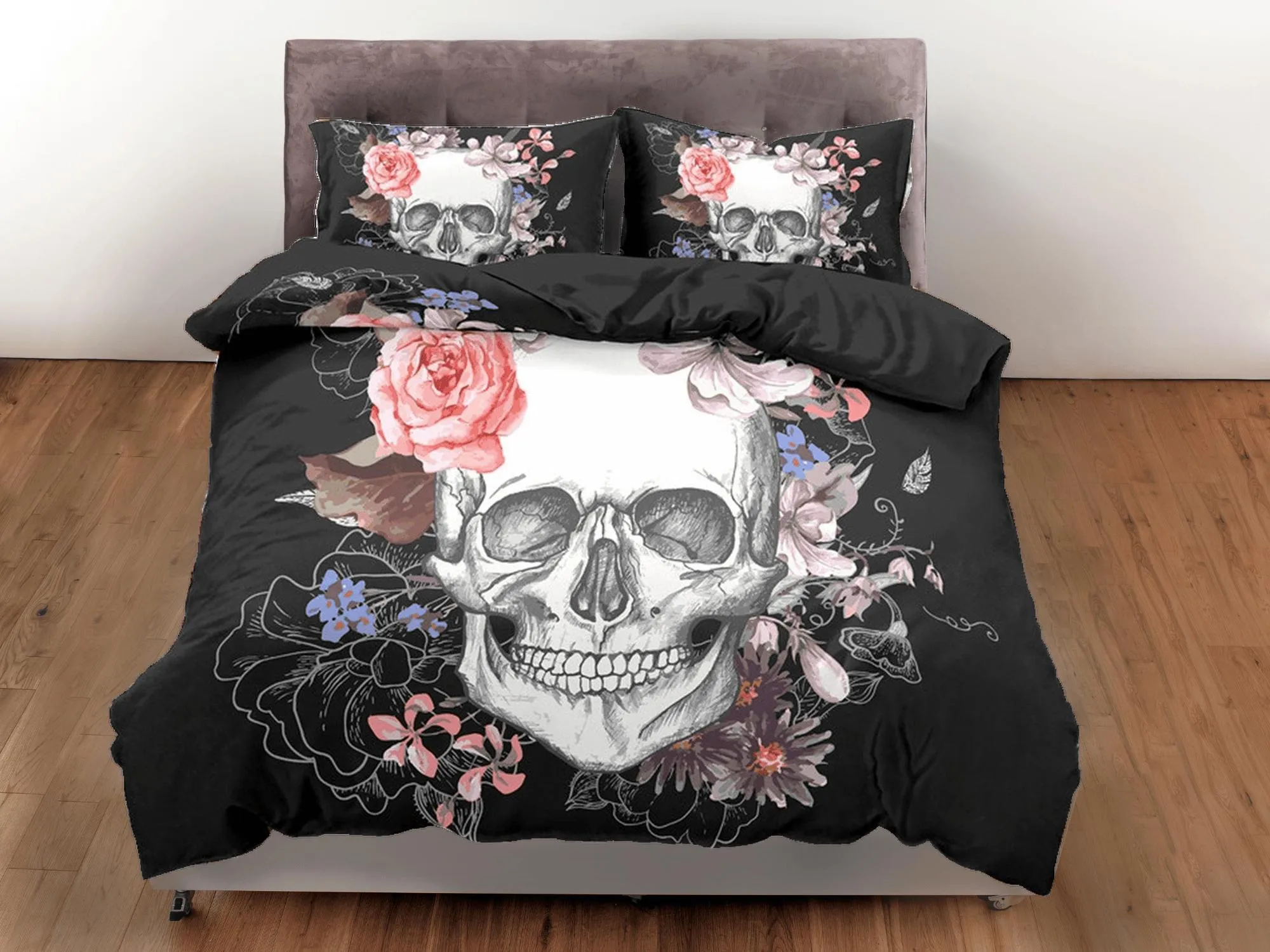 Skull and Roses Black Duvet Cover Set Floral Gothic Bedspread Dorm Bedding Pillowcase Comforter Cover