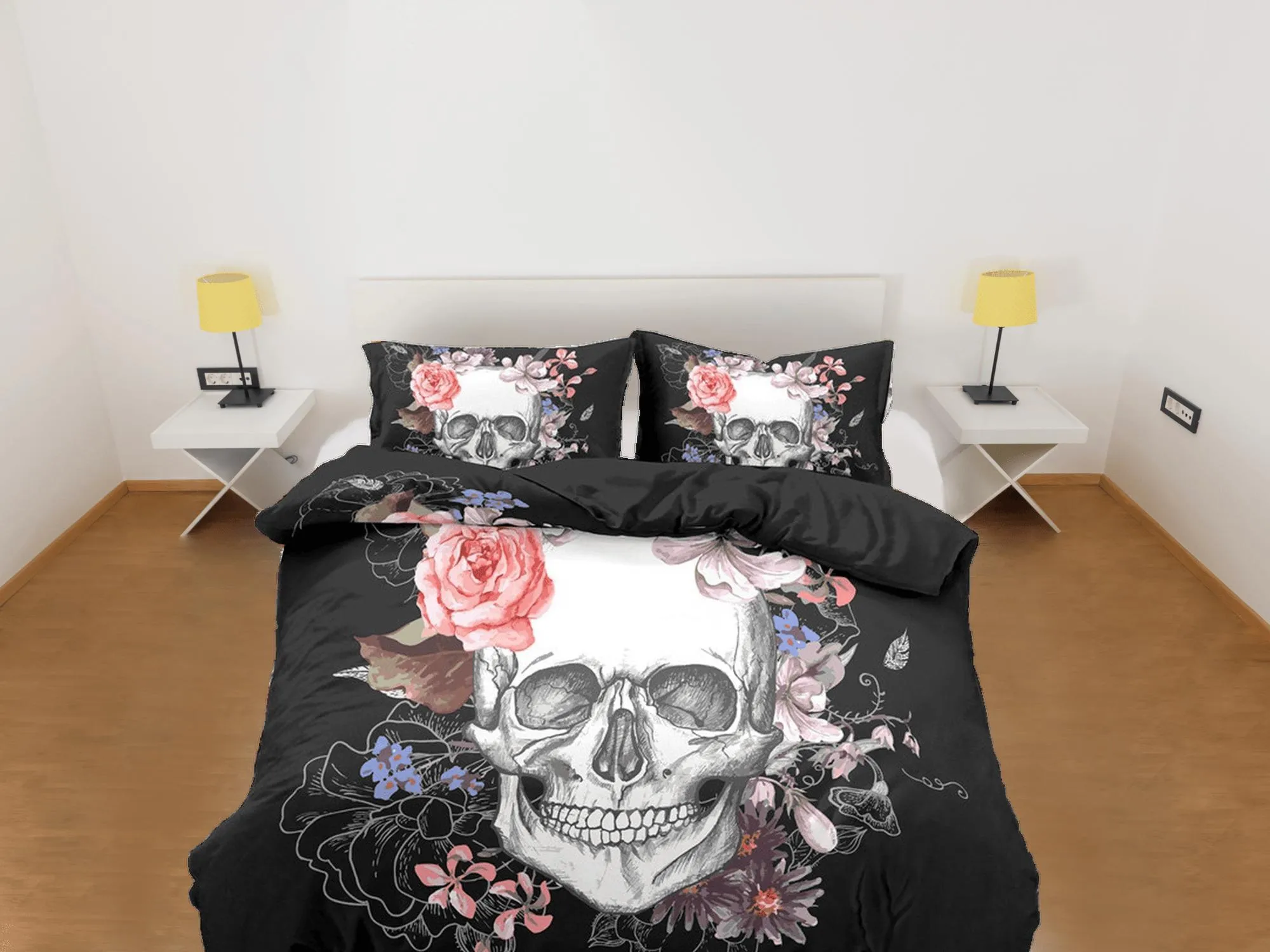 Skull and Roses Black Duvet Cover Set Floral Gothic Bedspread Dorm Bedding Pillowcase Comforter Cover