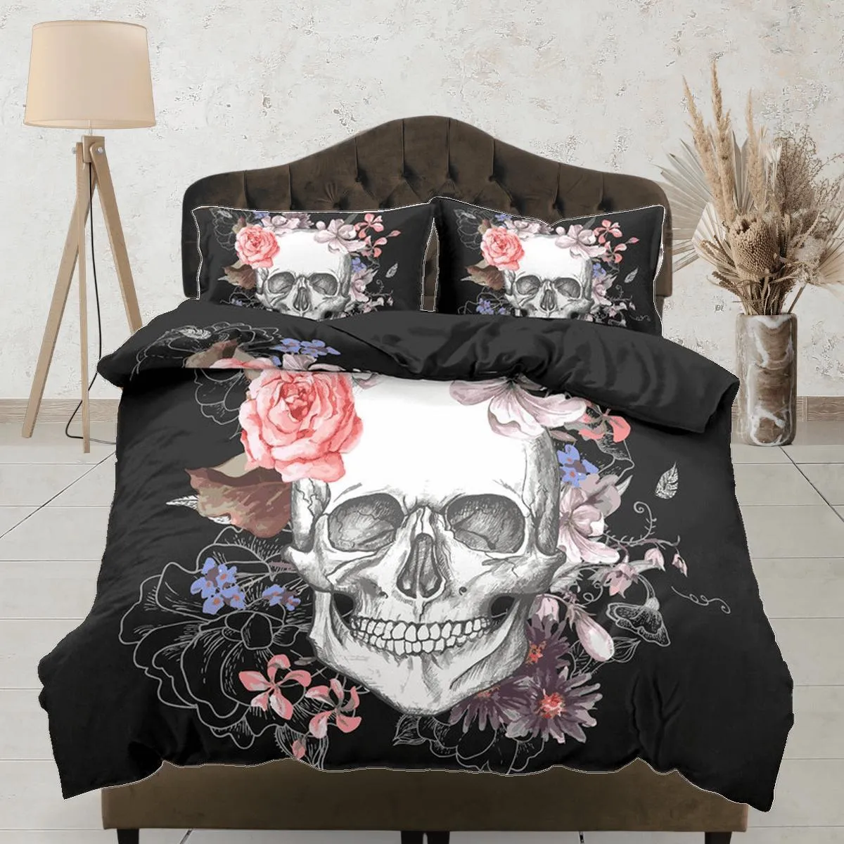 Skull and Roses Black Duvet Cover Set Floral Gothic Bedspread Dorm Bedding Pillowcase Comforter Cover