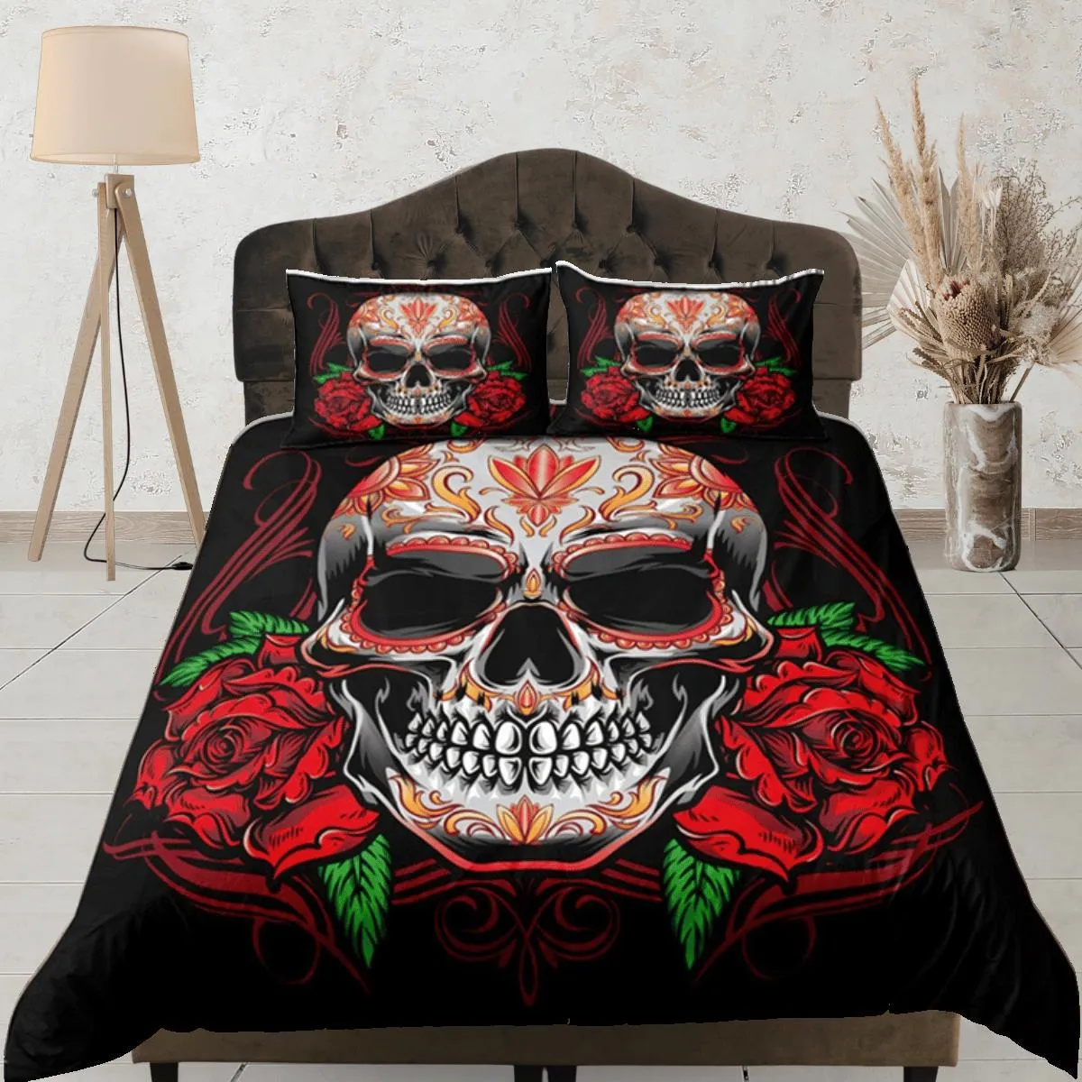 Skull and Roses Gothic Red Duvet Cover Set Bedspread, Dorm Bedding with Pillowcase