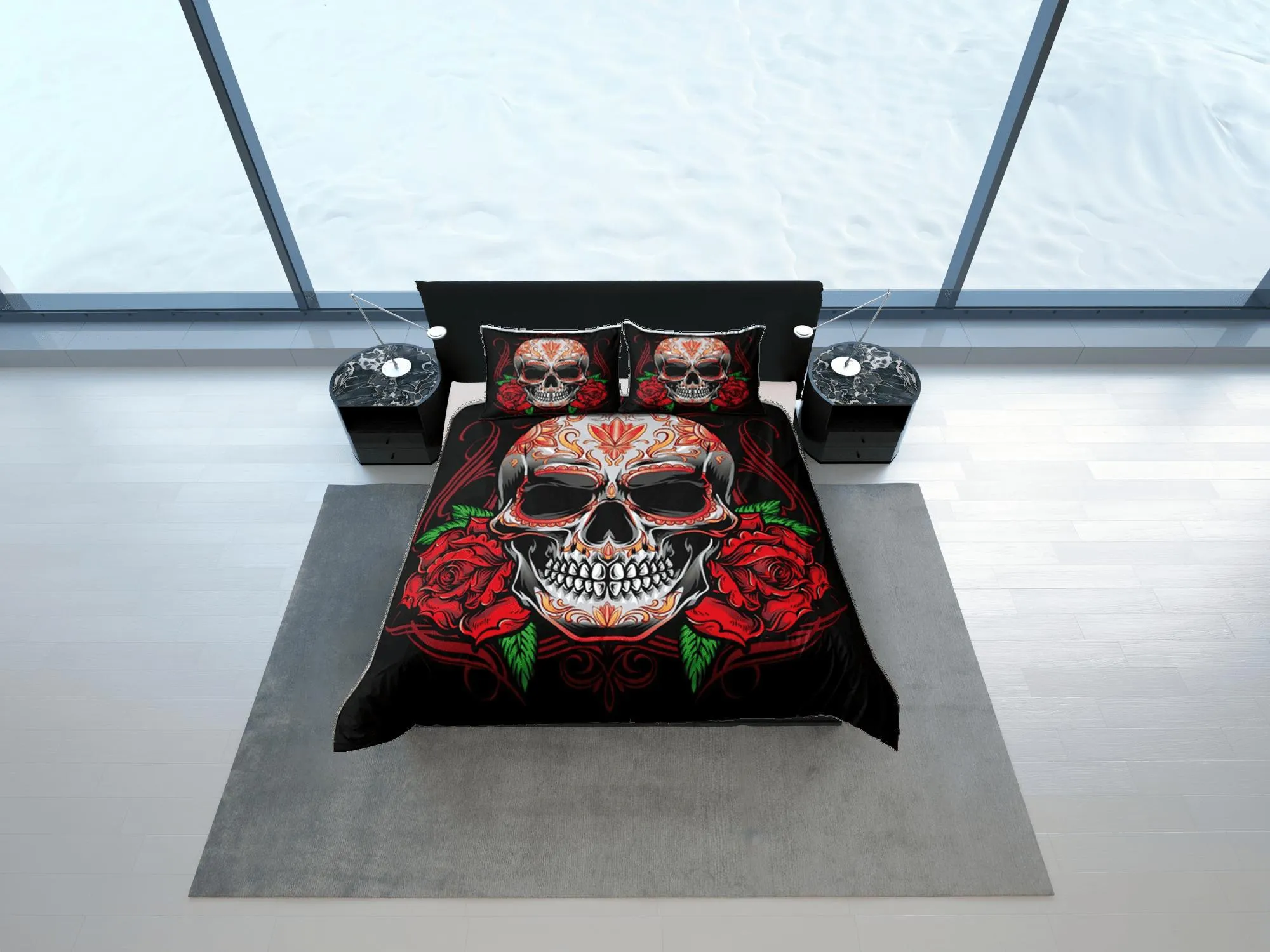 Skull and Roses Gothic Red Duvet Cover Set Bedspread, Dorm Bedding with Pillowcase