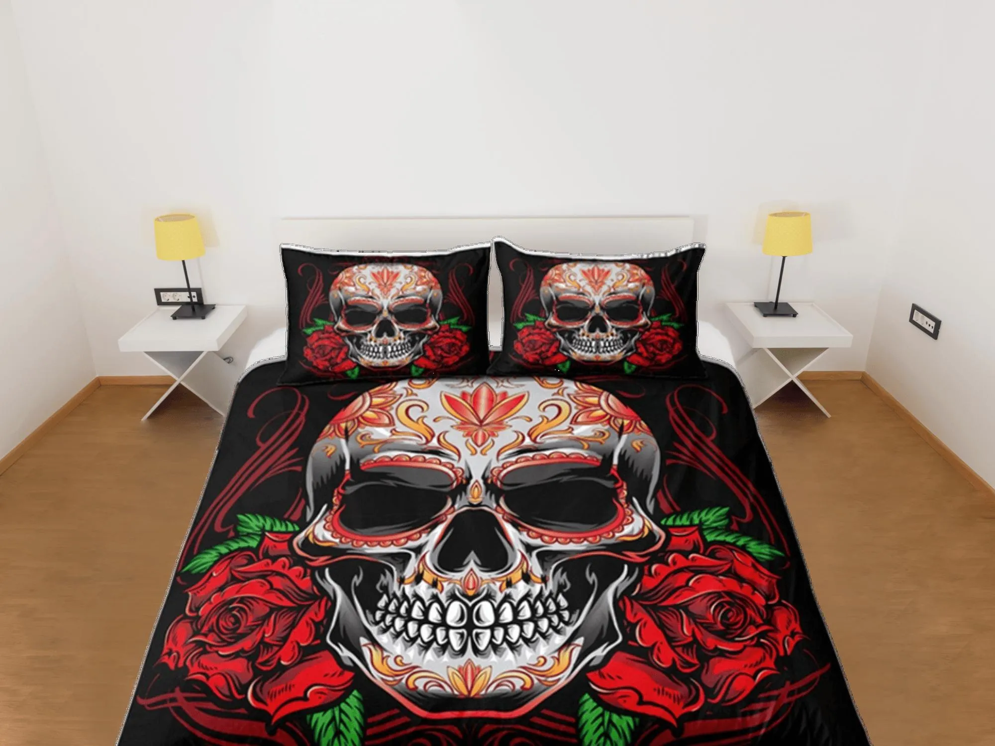 Skull and Roses Gothic Red Duvet Cover Set Bedspread, Dorm Bedding with Pillowcase