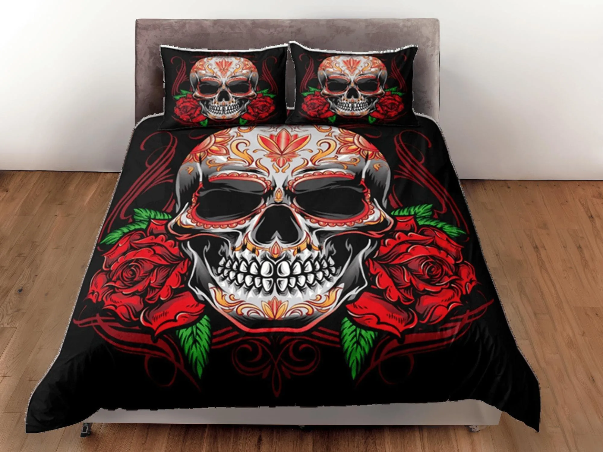 Skull and Roses Gothic Red Duvet Cover Set Bedspread, Dorm Bedding with Pillowcase