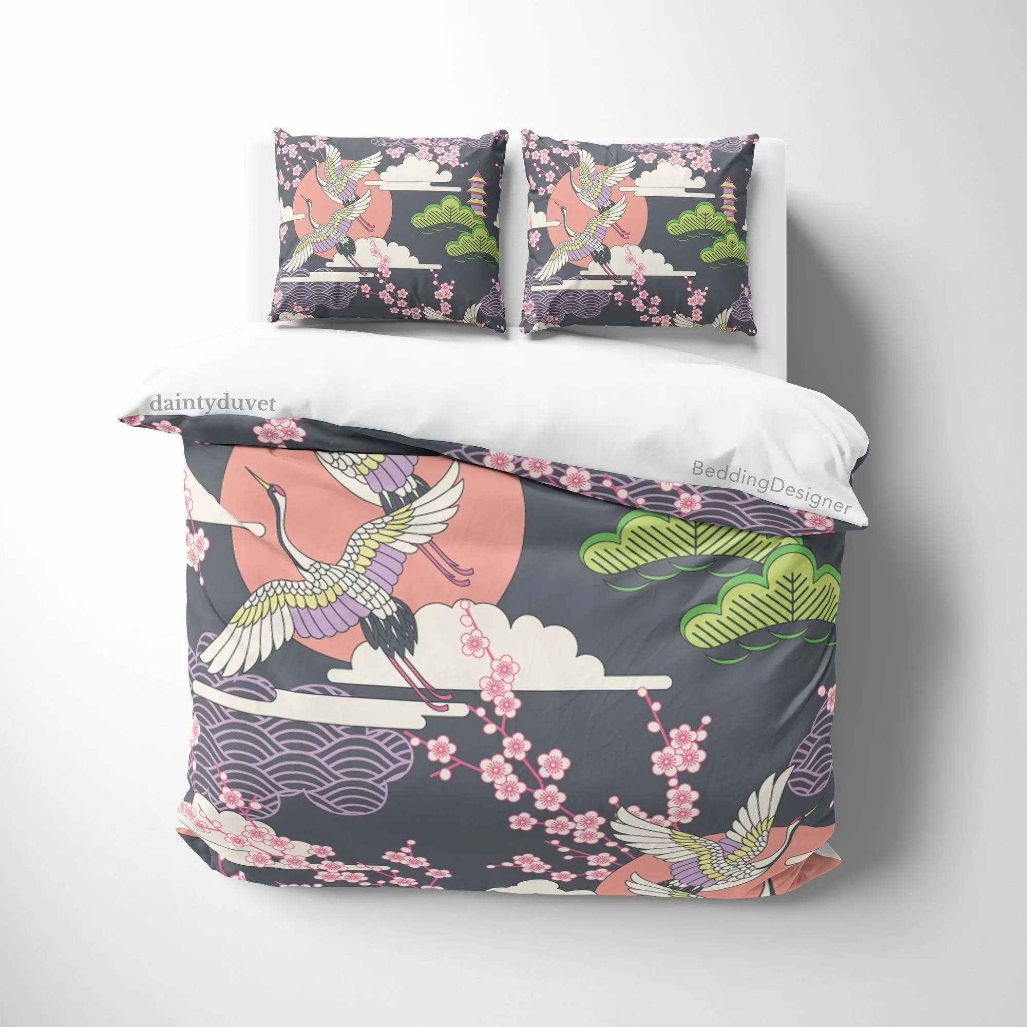 Soaring Crane Quilt Cover Japanese Bedding Set, Cotton Duvet Cover Colorful Bedspread, Girly Bedroom Blanket Cover Purple Bedspread