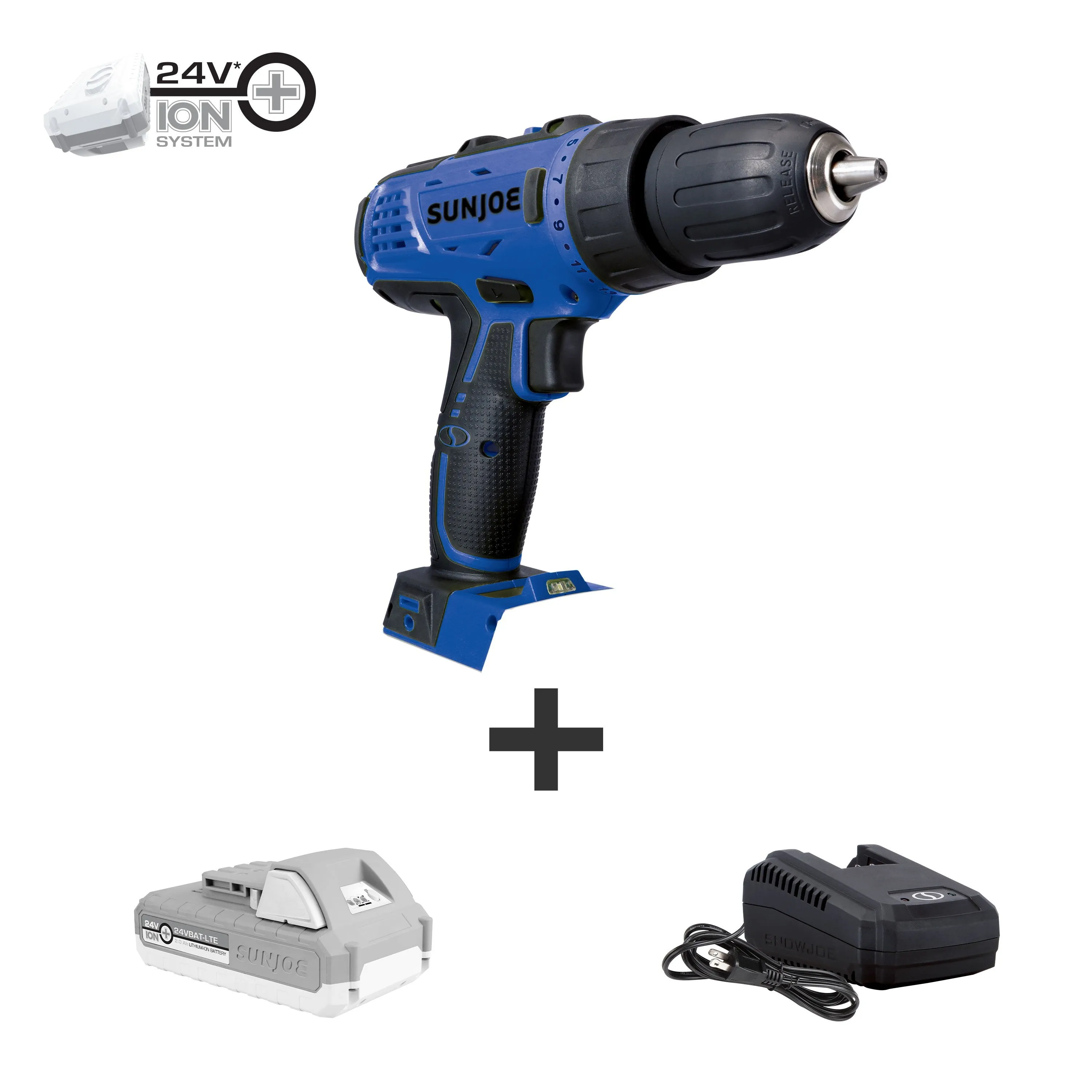 Sun Joe 24V-DD-LTE-SJB 24-Volt iON  Cordless Drill Driver Kit | W/ 2.0-Ah Battery and Charger (Blue)