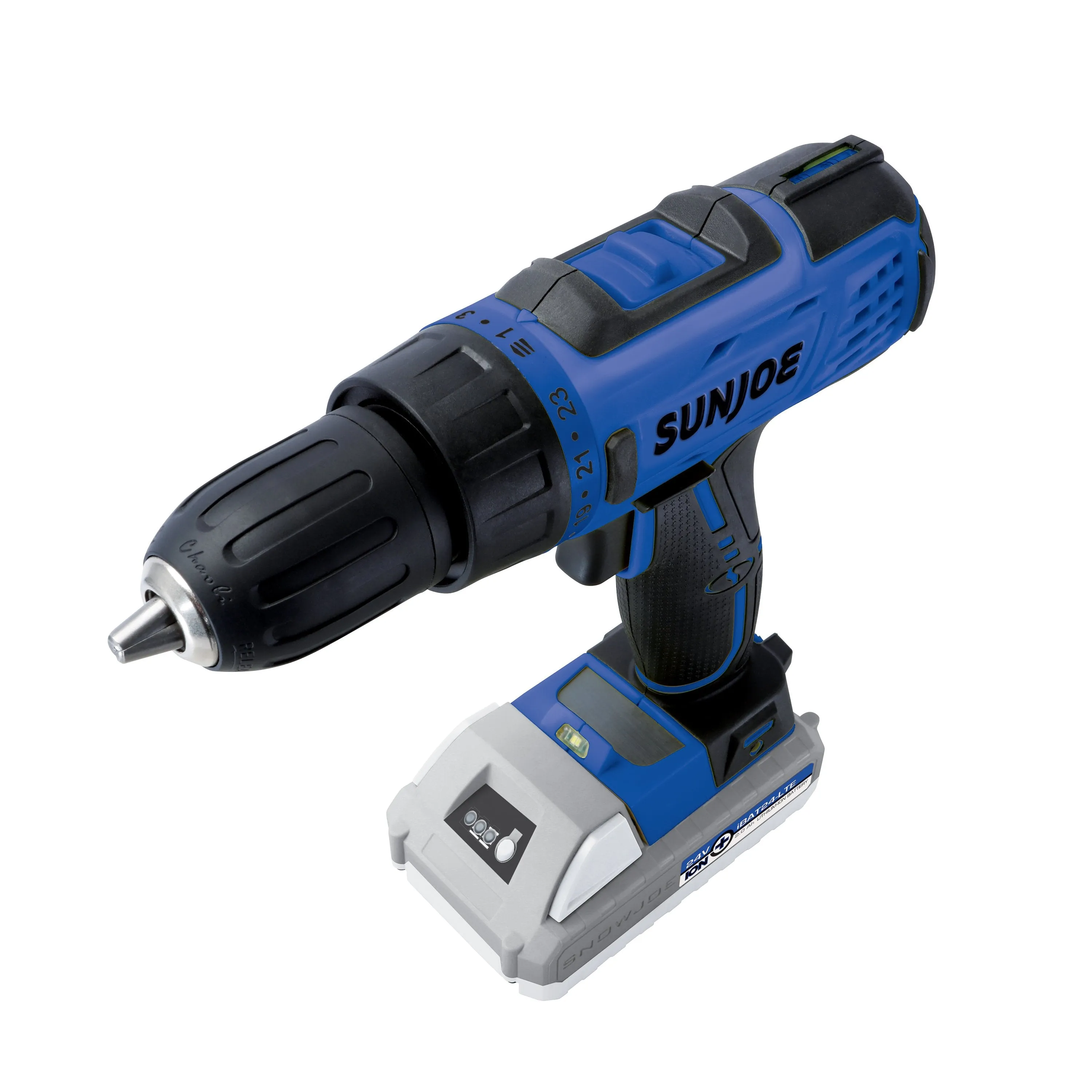 Sun Joe 24V-DD-LTE-SJB 24-Volt iON  Cordless Drill Driver Kit | W/ 2.0-Ah Battery and Charger (Blue)