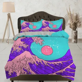 The Great Wave Bedding, Vaporwave Hippie Bedding, Japanese Duvet Cover Set, Aesthetic Cyan Duvet Cover King Queen Full Twin Double Single