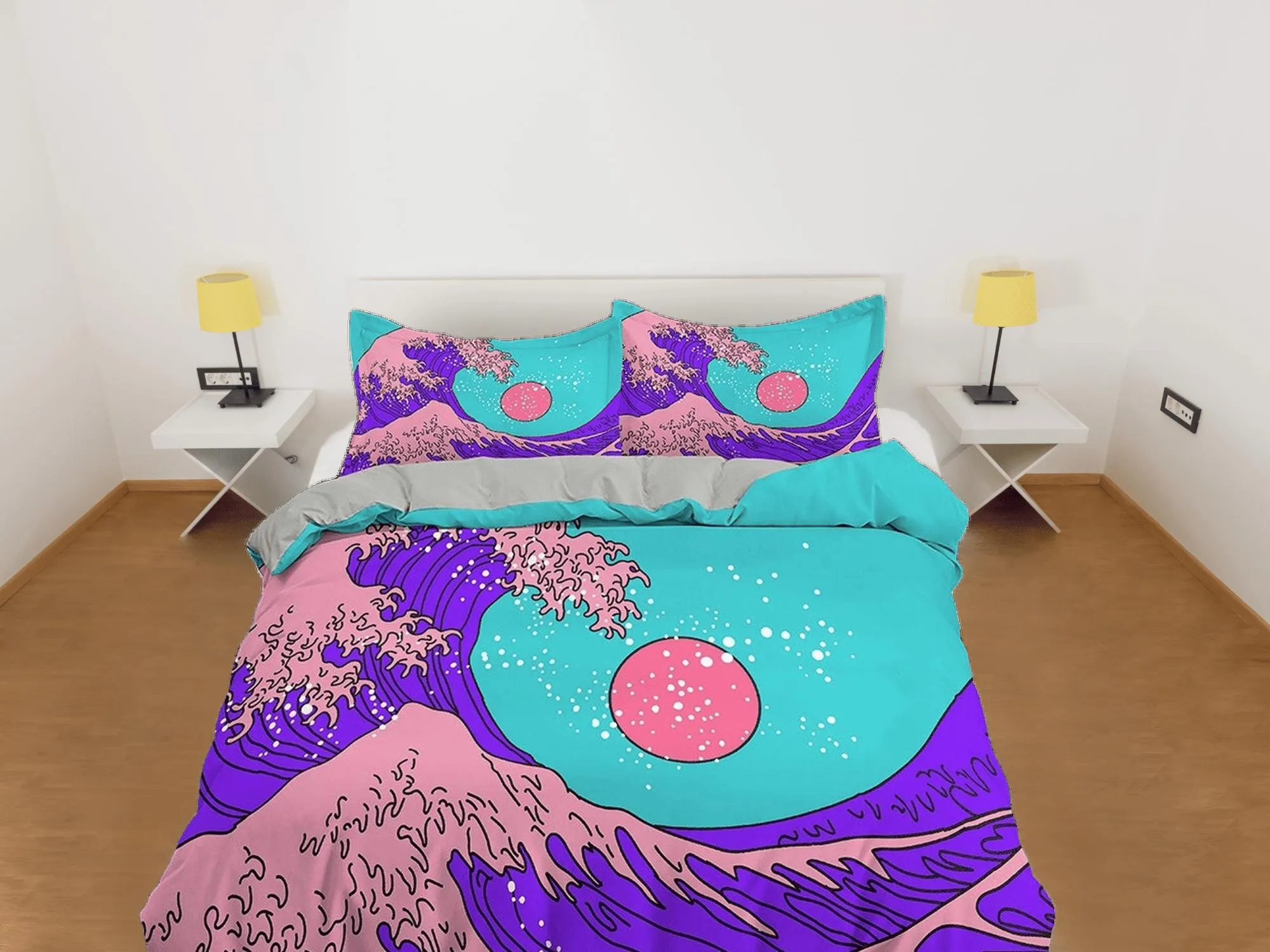 The Great Wave Bedding, Vaporwave Hippie Bedding, Japanese Duvet Cover Set, Aesthetic Cyan Duvet Cover King Queen Full Twin Double Single