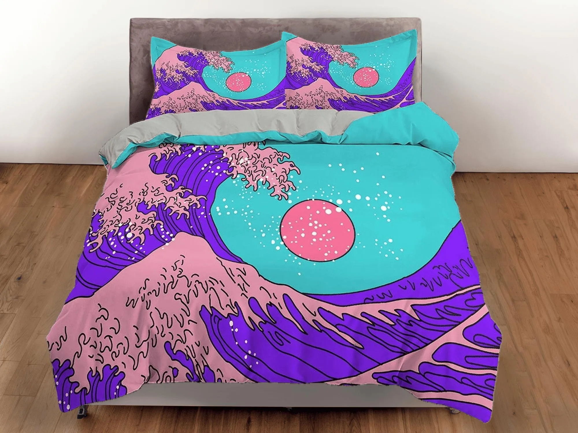 The Great Wave Bedding, Vaporwave Hippie Bedding, Japanese Duvet Cover Set, Aesthetic Cyan Duvet Cover King Queen Full Twin Double Single