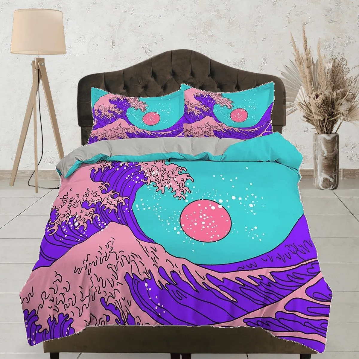 The Great Wave Bedding, Vaporwave Hippie Bedding, Japanese Duvet Cover Set, Aesthetic Cyan Duvet Cover King Queen Full Twin Double Single