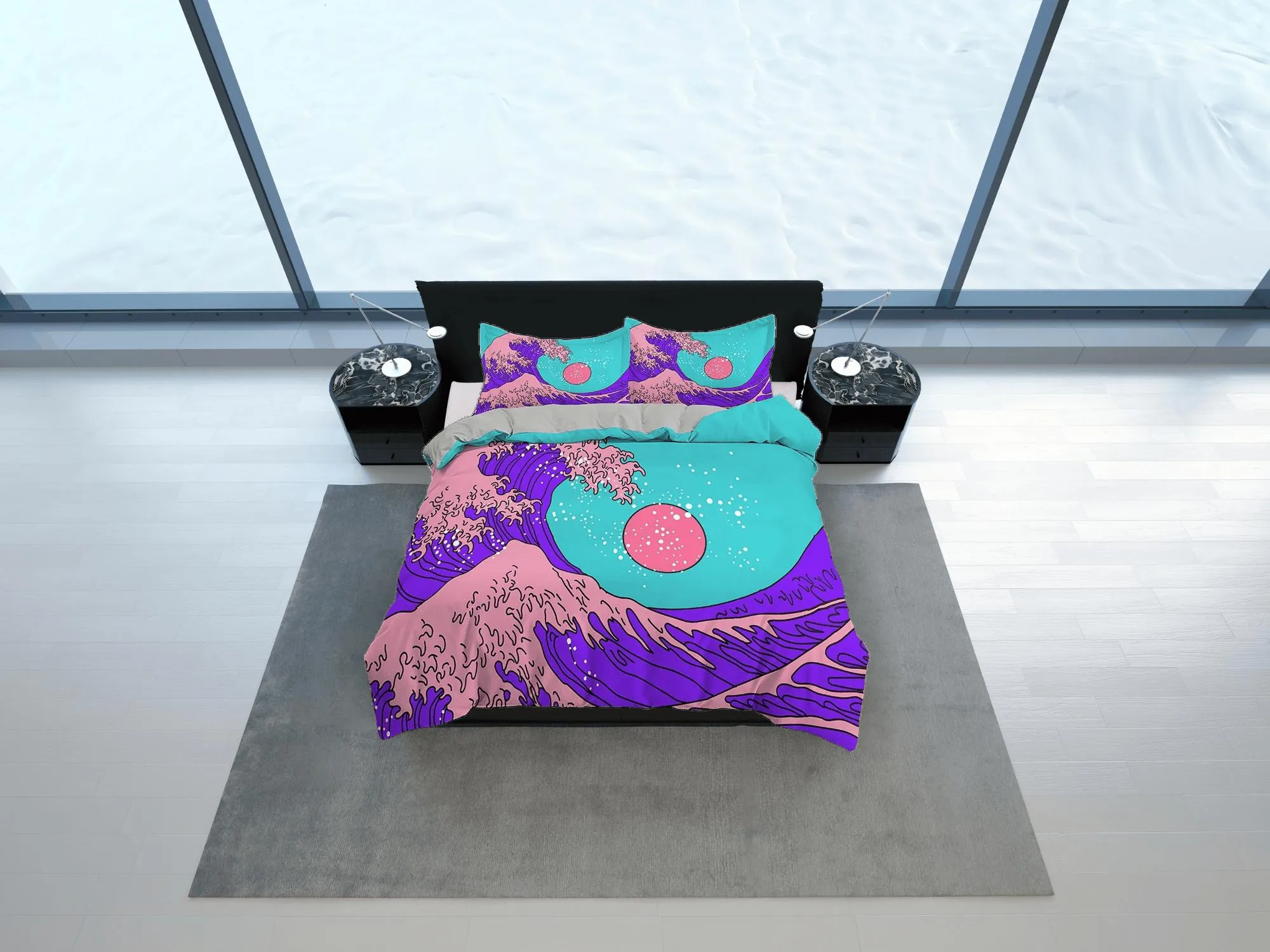 The Great Wave Bedding, Vaporwave Hippie Bedding, Japanese Duvet Cover Set, Aesthetic Cyan Duvet Cover King Queen Full Twin Double Single