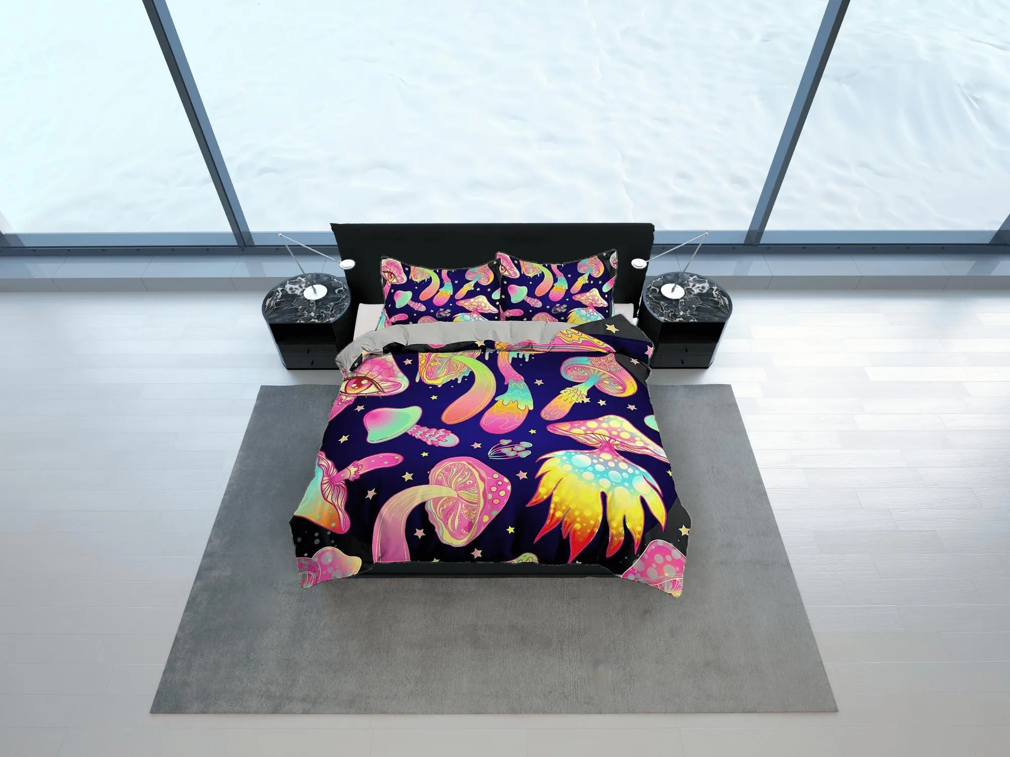 Trippy pink mushrooms duvet cover hippie bedding set full, queen, king, preppy dorm bedding, indie room decor, aesthetic bedspread y2k