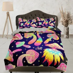 Trippy pink mushrooms duvet cover hippie bedding set full, queen, king, preppy dorm bedding, indie room decor, aesthetic bedspread y2k