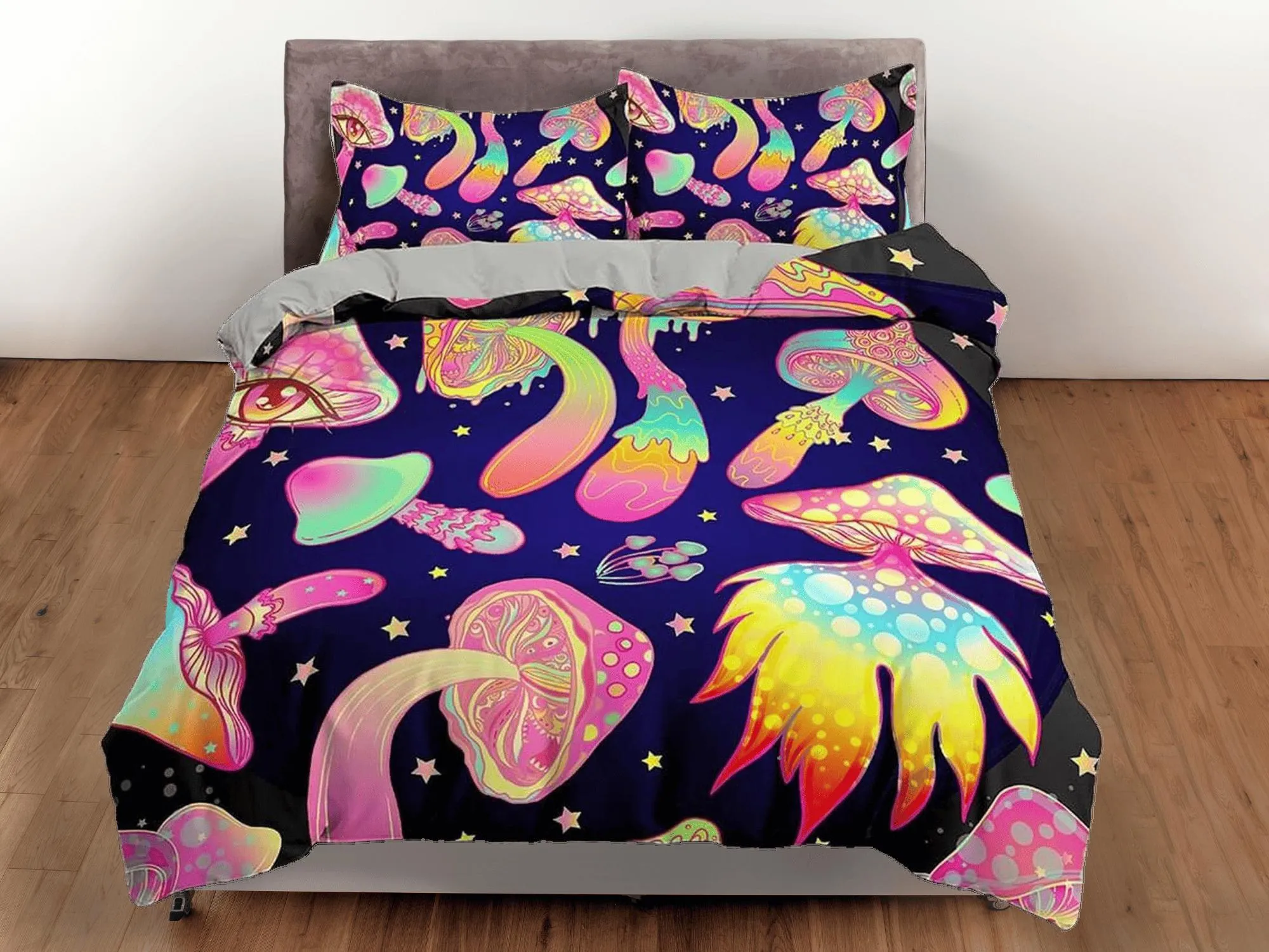 Trippy pink mushrooms duvet cover hippie bedding set full, queen, king, preppy dorm bedding, indie room decor, aesthetic bedspread y2k