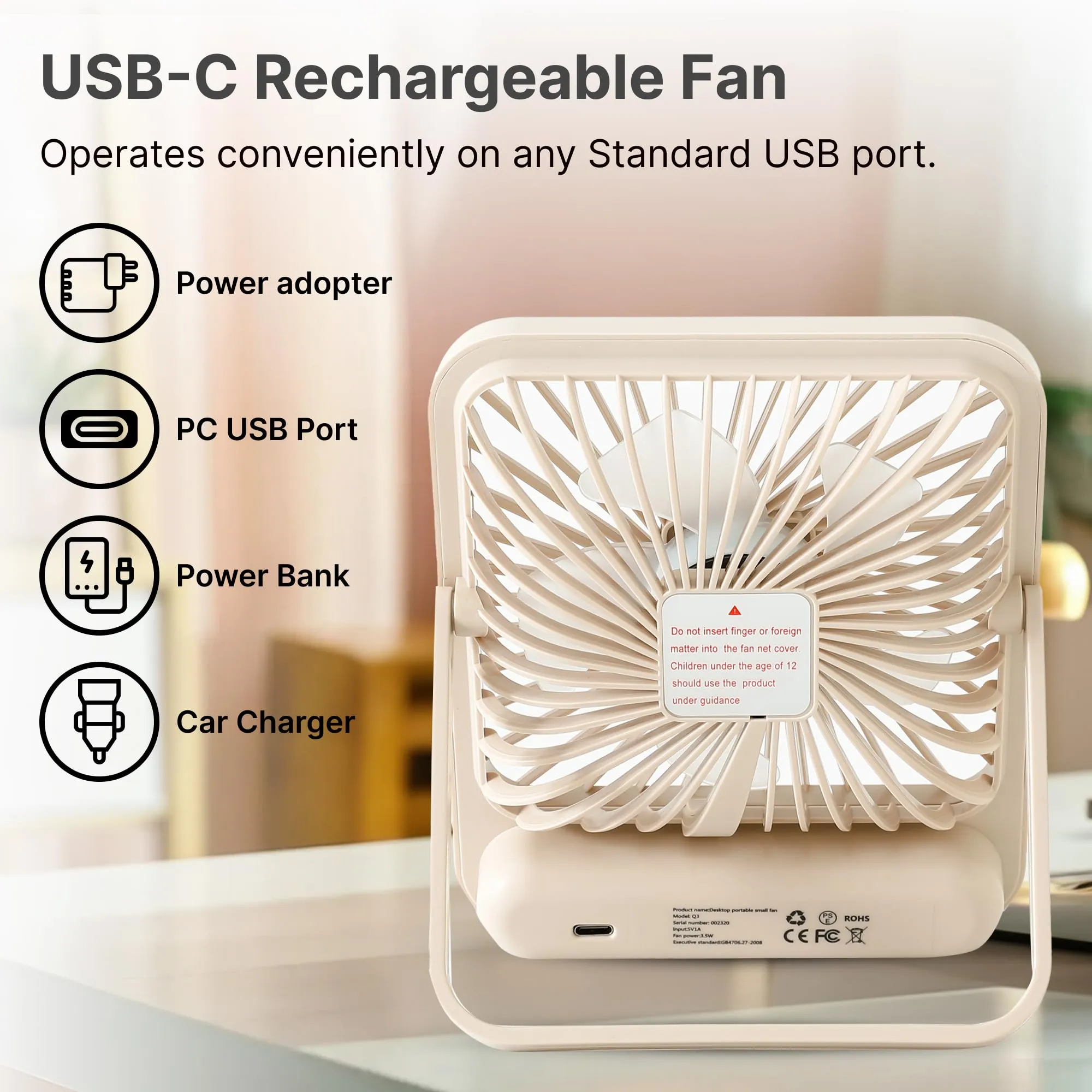 UMAI Digital Portable Mini Fan | Rechargeable USB Fan with 5 Speeds | Portable Fan for Office Home Travel | 4-6 Hours Running 2000mAh Battery | Small Fan with 180° Tilt Angle | 1 Yr warranty | Khaki