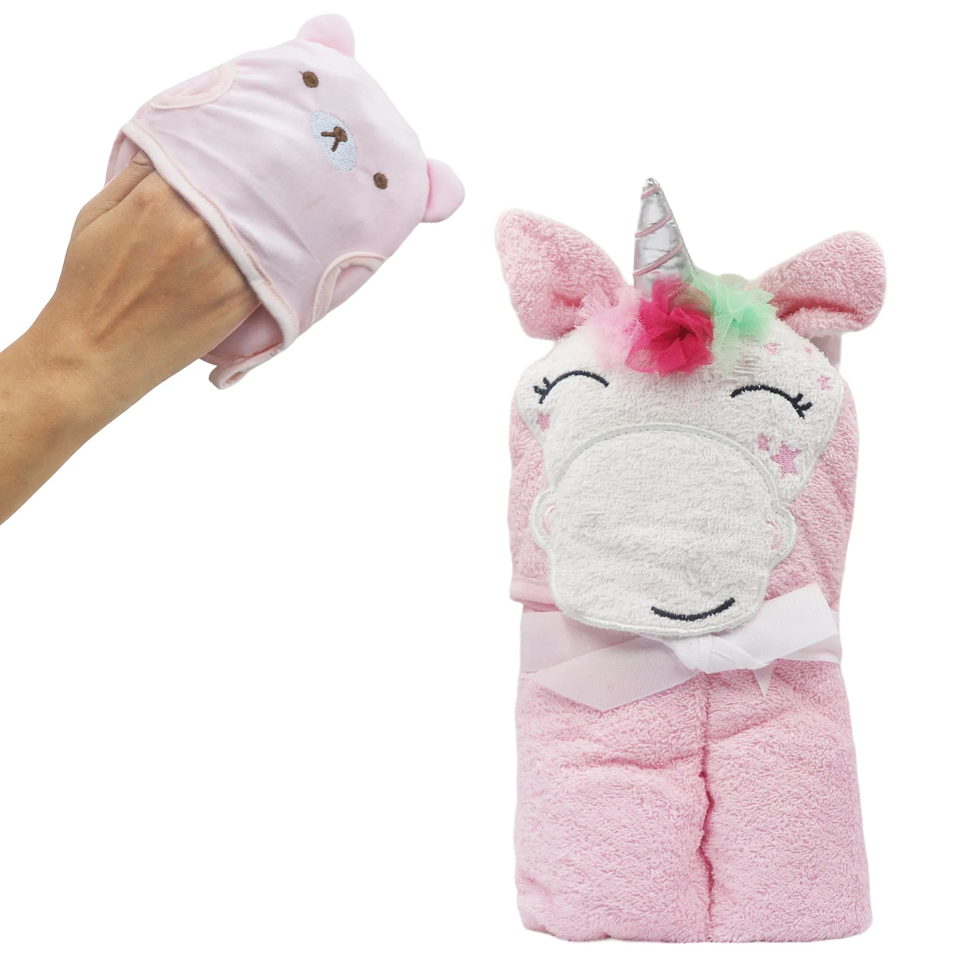 Unicorn Cotton Hooded Baby Bath Towel with Baby Loofah