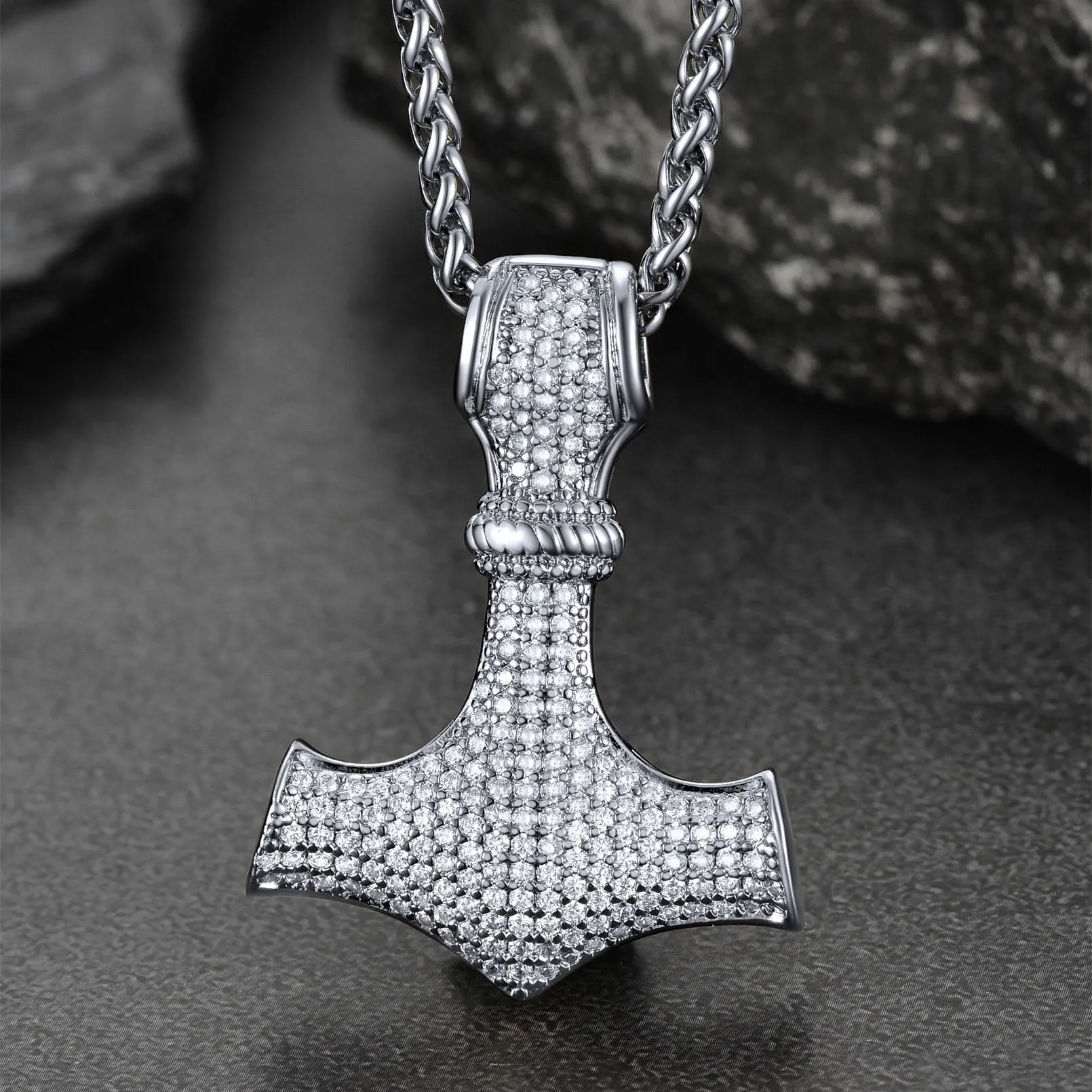 Viking Thor's Hammer Mjolnir Necklace With Cubic Zirconia