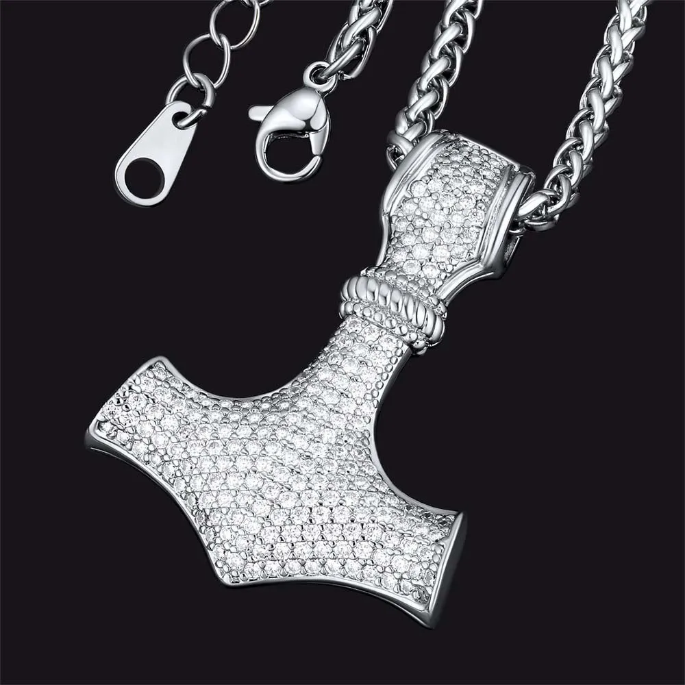 Viking Thor's Hammer Mjolnir Necklace With Cubic Zirconia