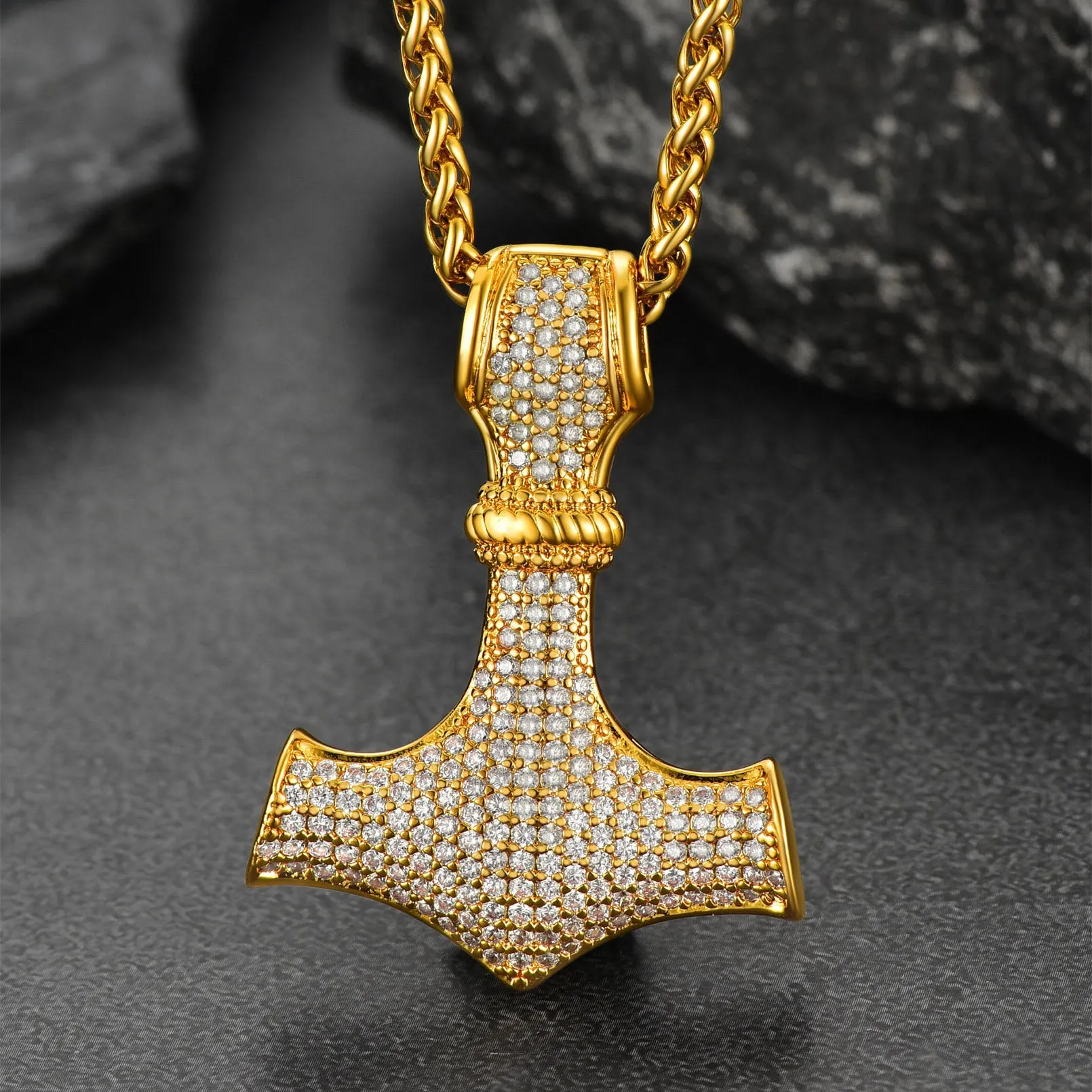 Viking Thor's Hammer Mjolnir Necklace With Cubic Zirconia