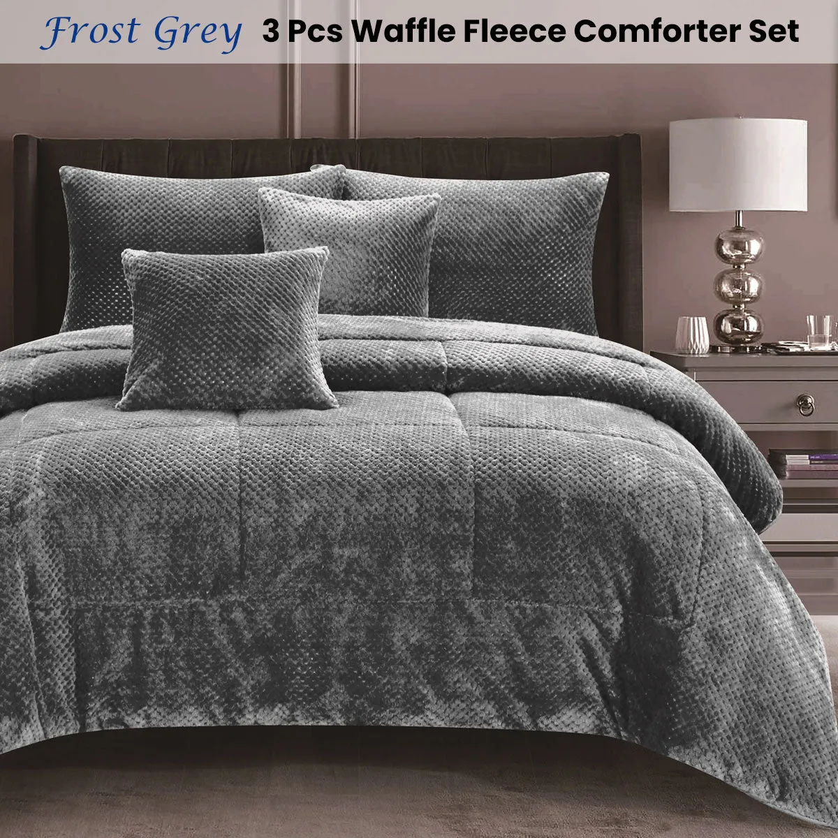 Waffle Fleece Frost Grey 3 Pcs Comforter Set Queen