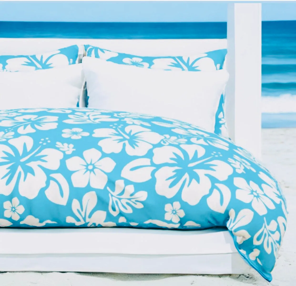 White Hawaiian Hibiscus Flowers on Aqua Blue Duvet Cover - Medium Scale