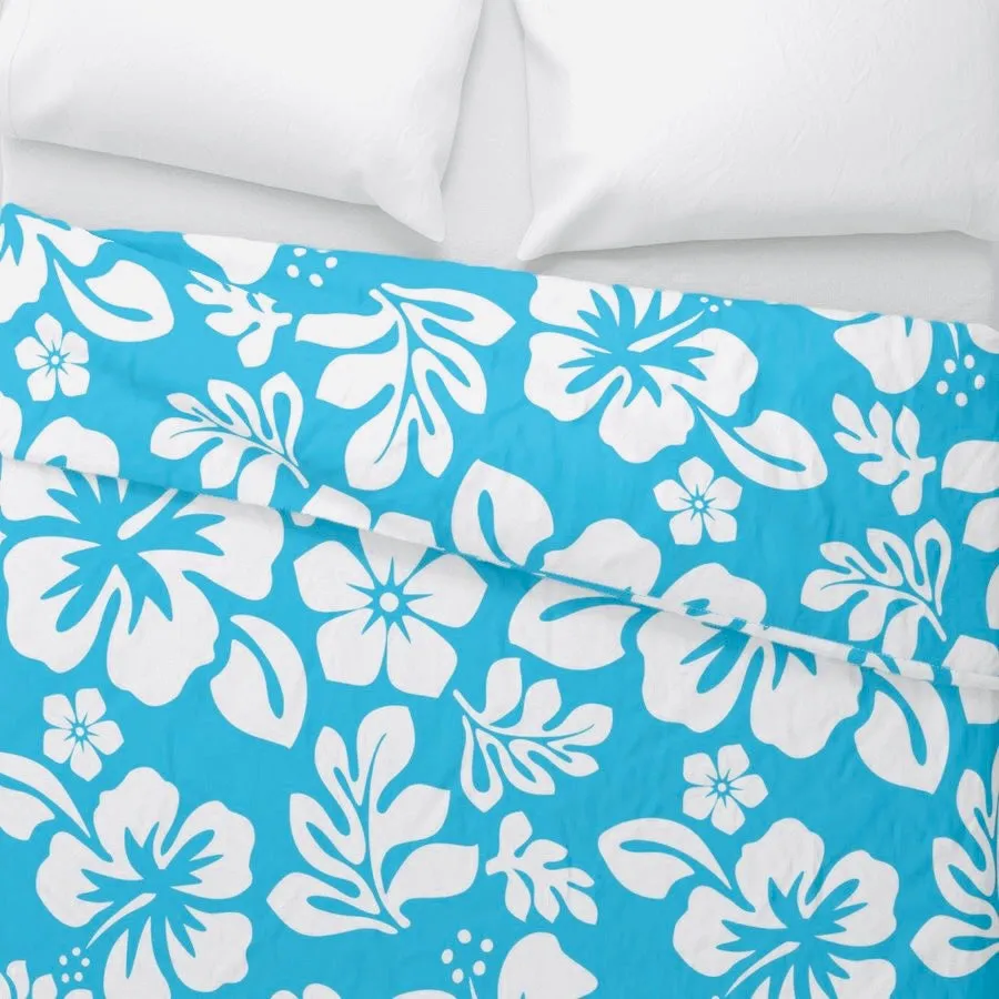 White Hawaiian Hibiscus Flowers on Aqua Blue Duvet Cover - Medium Scale