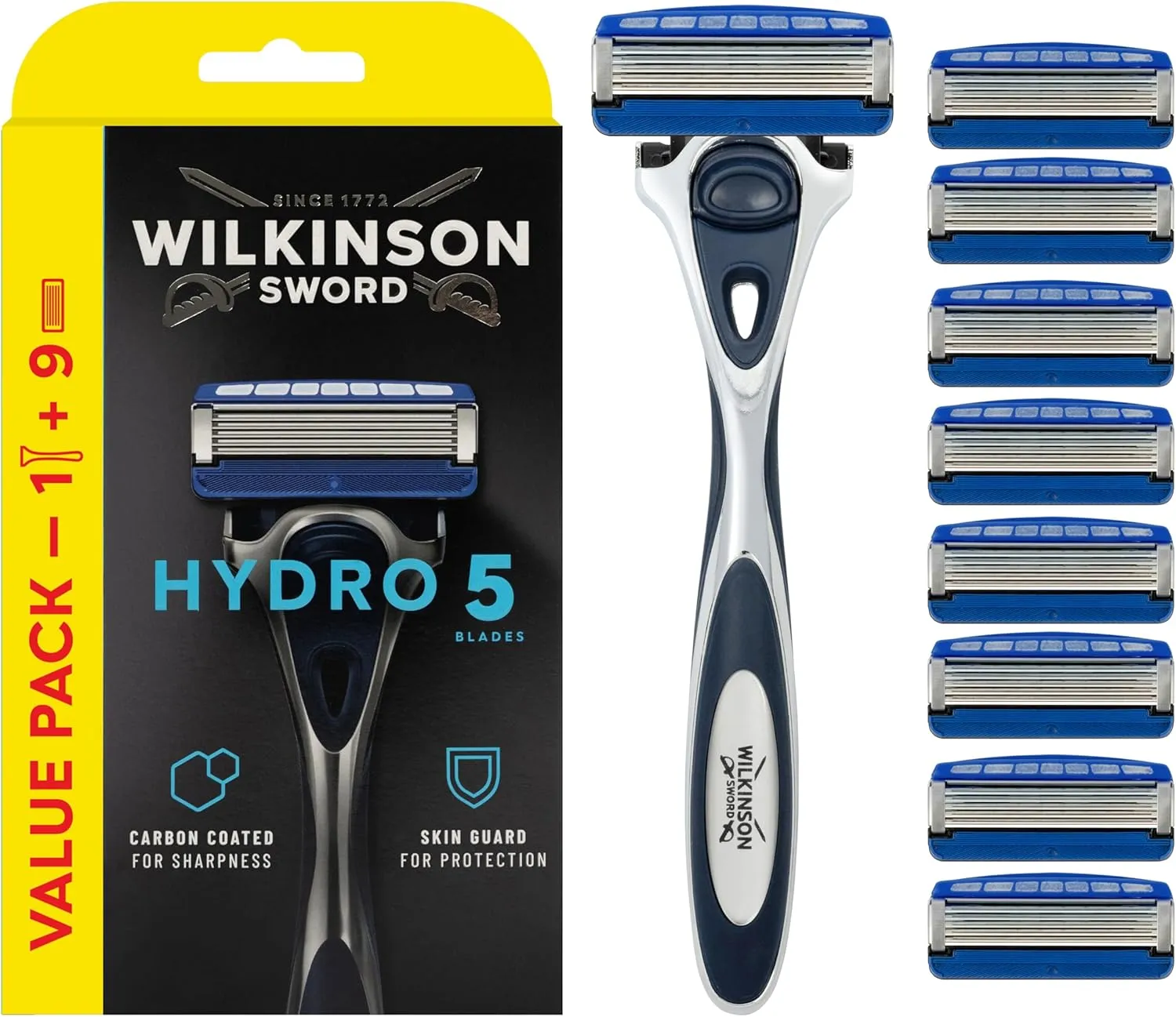 Wilkinson Sword Hydro 5 Men's Razor with 8 Carbon-Coated Blades, Hydrating Gel, & Precision Trimmer