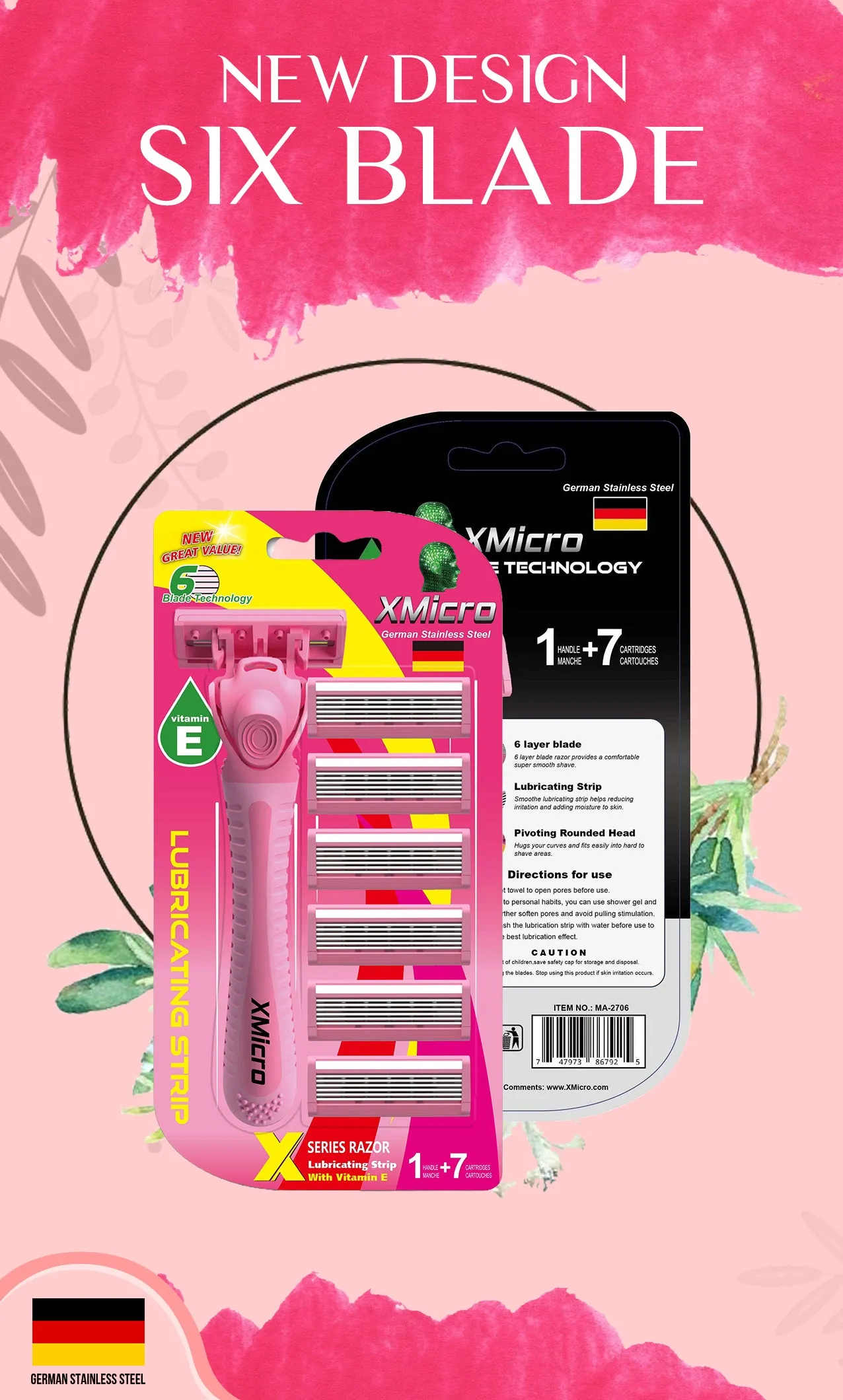 XMicro Pink Razors for Women, 1 Razor, 7 Blade Refills with German Stainless Steel, Lubricated with Vitamin E, Aloe for Smooth Shave, Shields Against Irritation, Light Weight Version X Women