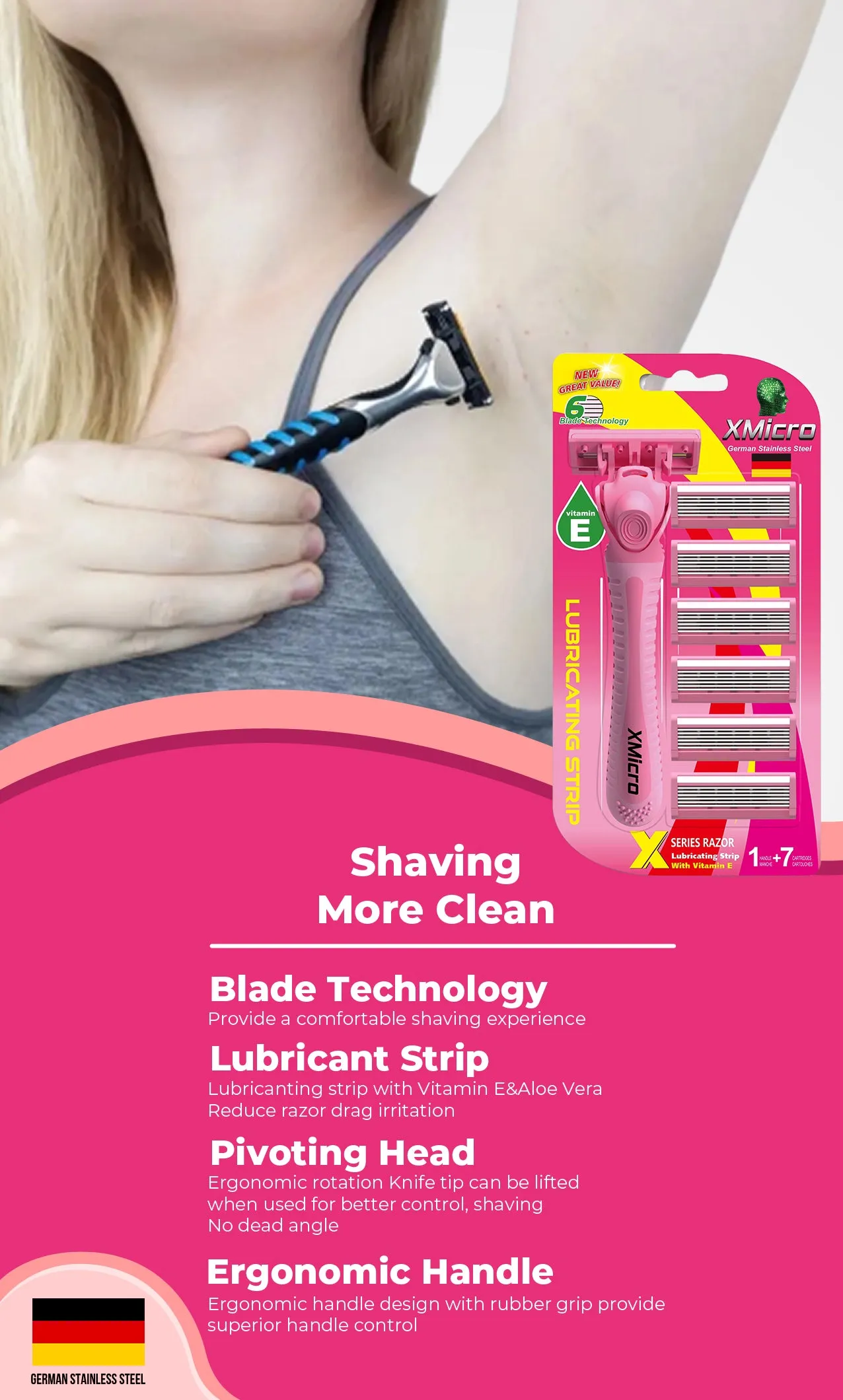 XMicro Pink Razors for Women, 1 Razor, 7 Blade Refills with German Stainless Steel, Lubricated with Vitamin E, Aloe for Smooth Shave, Shields Against Irritation, Light Weight Version X Women