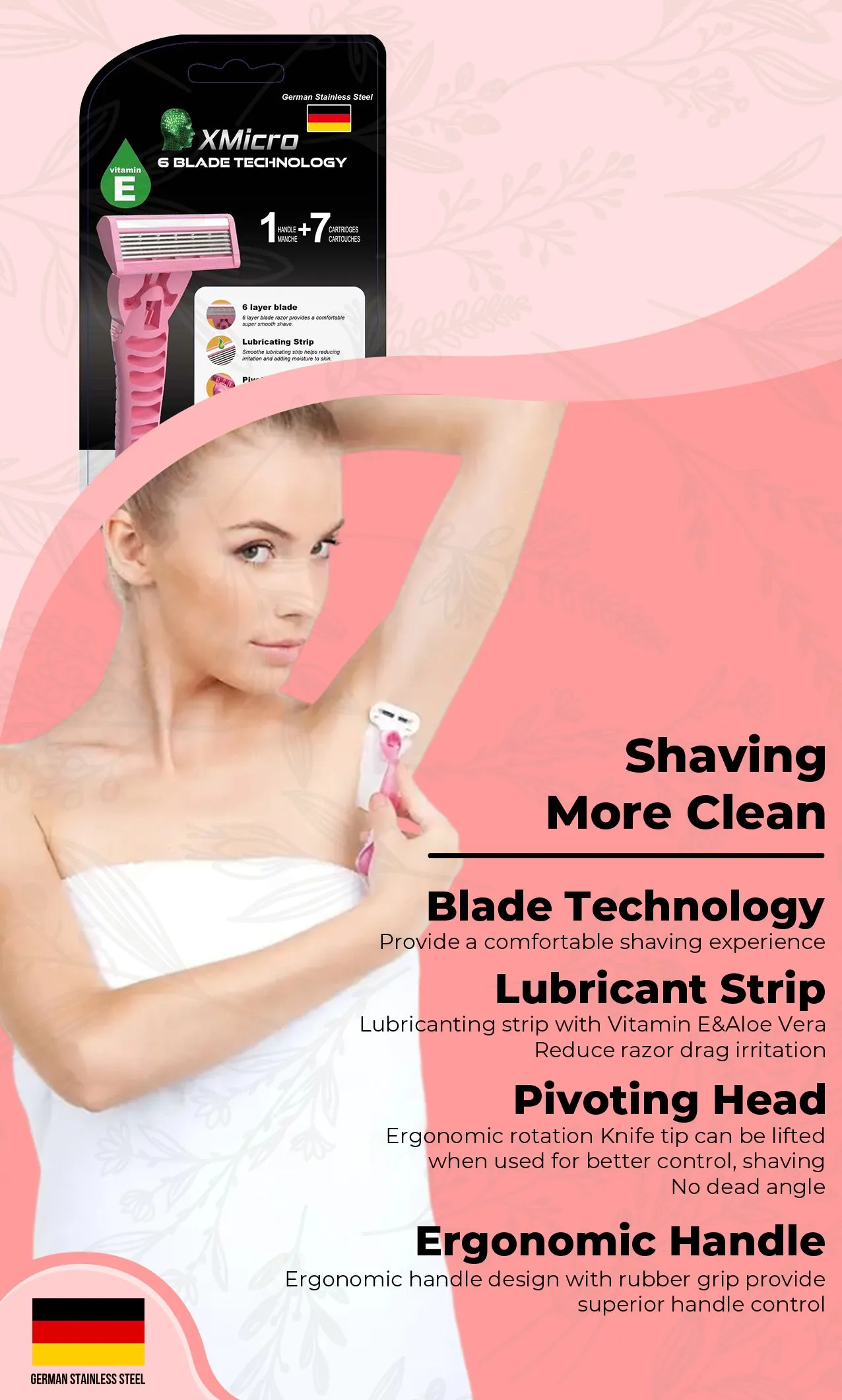 XMicro Pink Razors for Women, 1 Razor, 7 Blade Refills with German Stainless Steel, Lubricated with Vitamin E, Aloe for Smooth Shave, Shields Against Irritation, Light Weight Version X Women