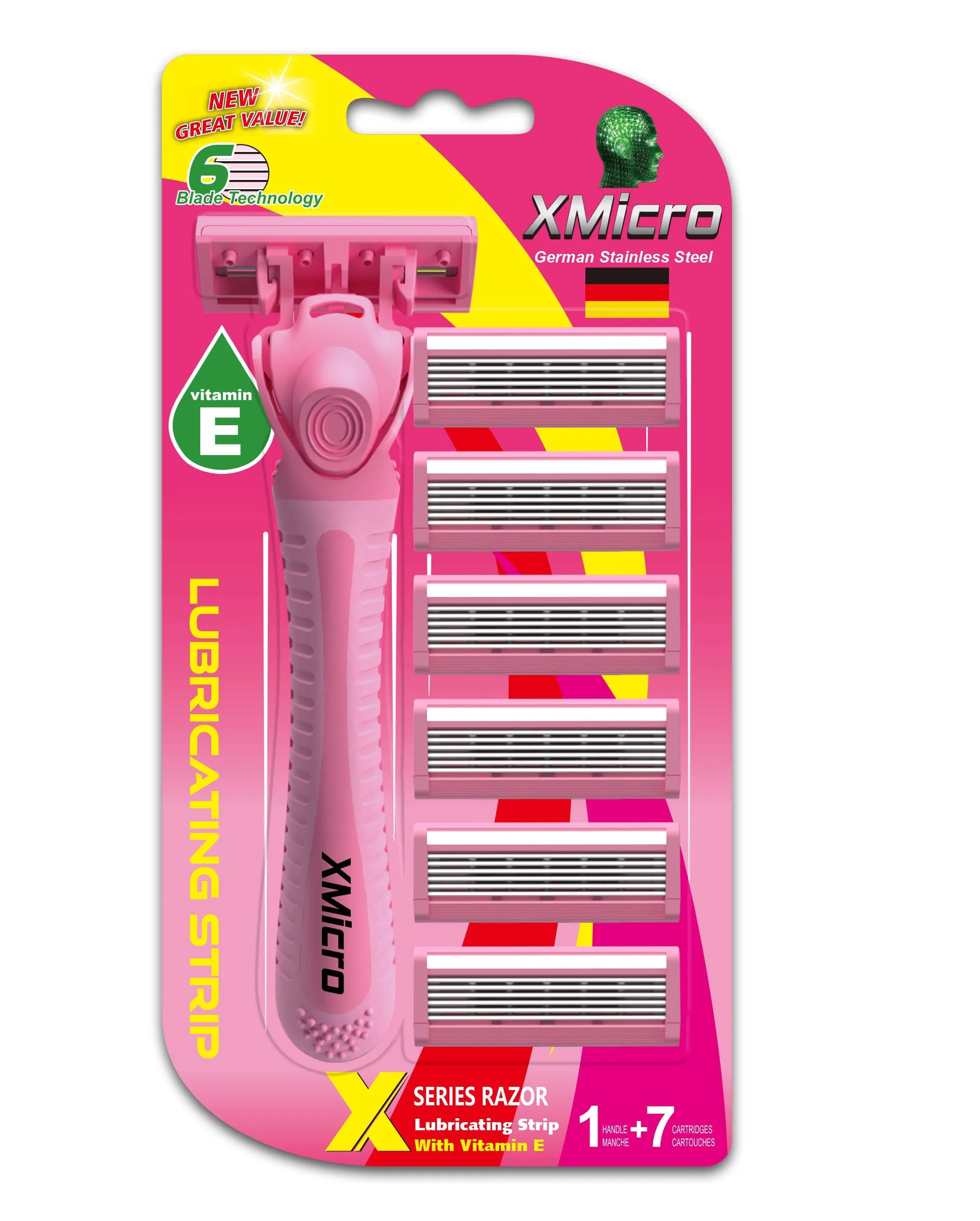 XMicro Pink Razors for Women, 1 Razor, 7 Blade Refills with German Stainless Steel, Lubricated with Vitamin E, Aloe for Smooth Shave, Shields Against Irritation, Light Weight Version X Women