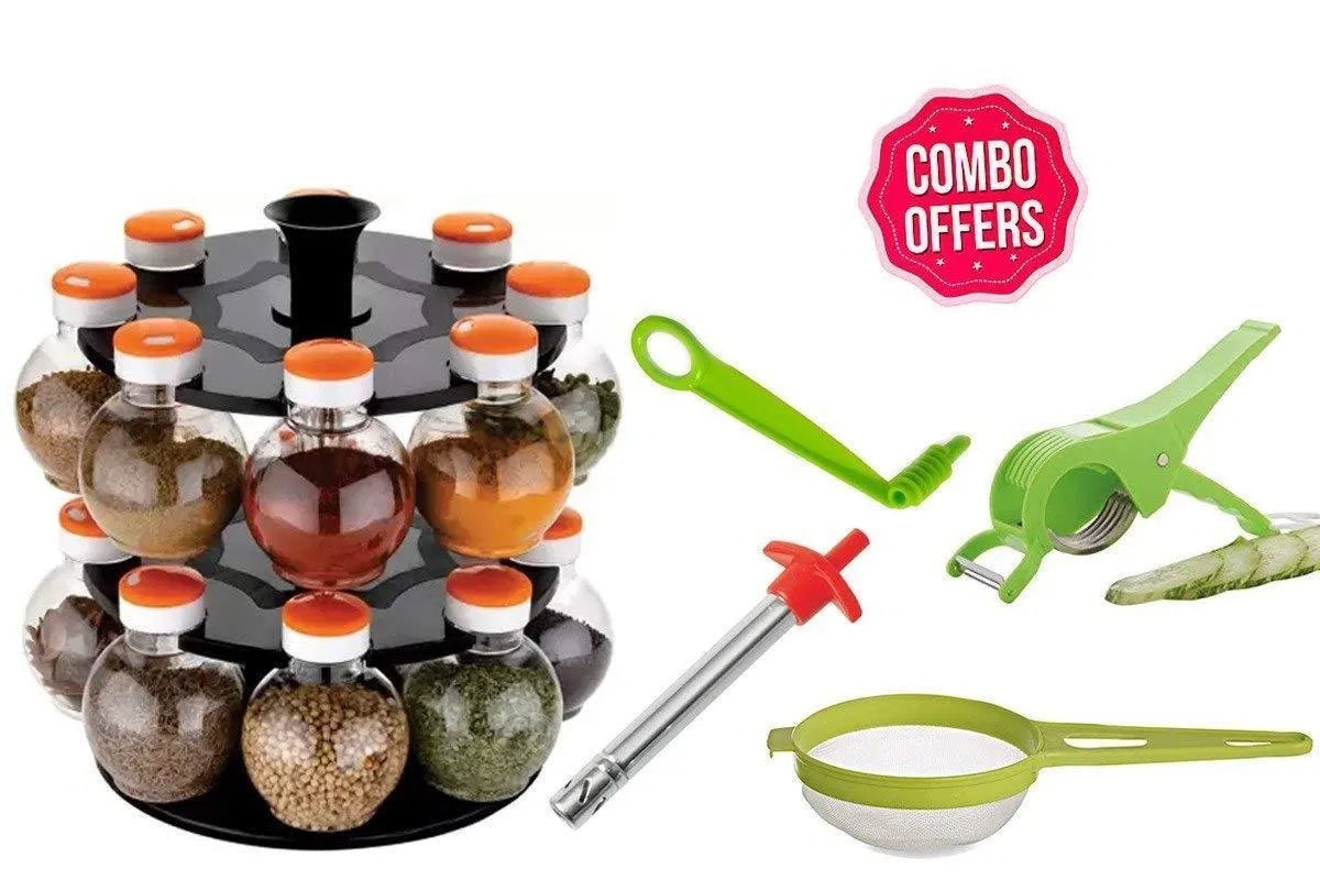 Your Brand Kitchen combo - Revolving 16pc Plastic Spice Rack, Vegetables Spiral Cutter, Gas Lighter, Big Tea Strainer Sieve/Chai Chalni with Vegetables Cutter/ Slicer / Peeler (5 pcs)